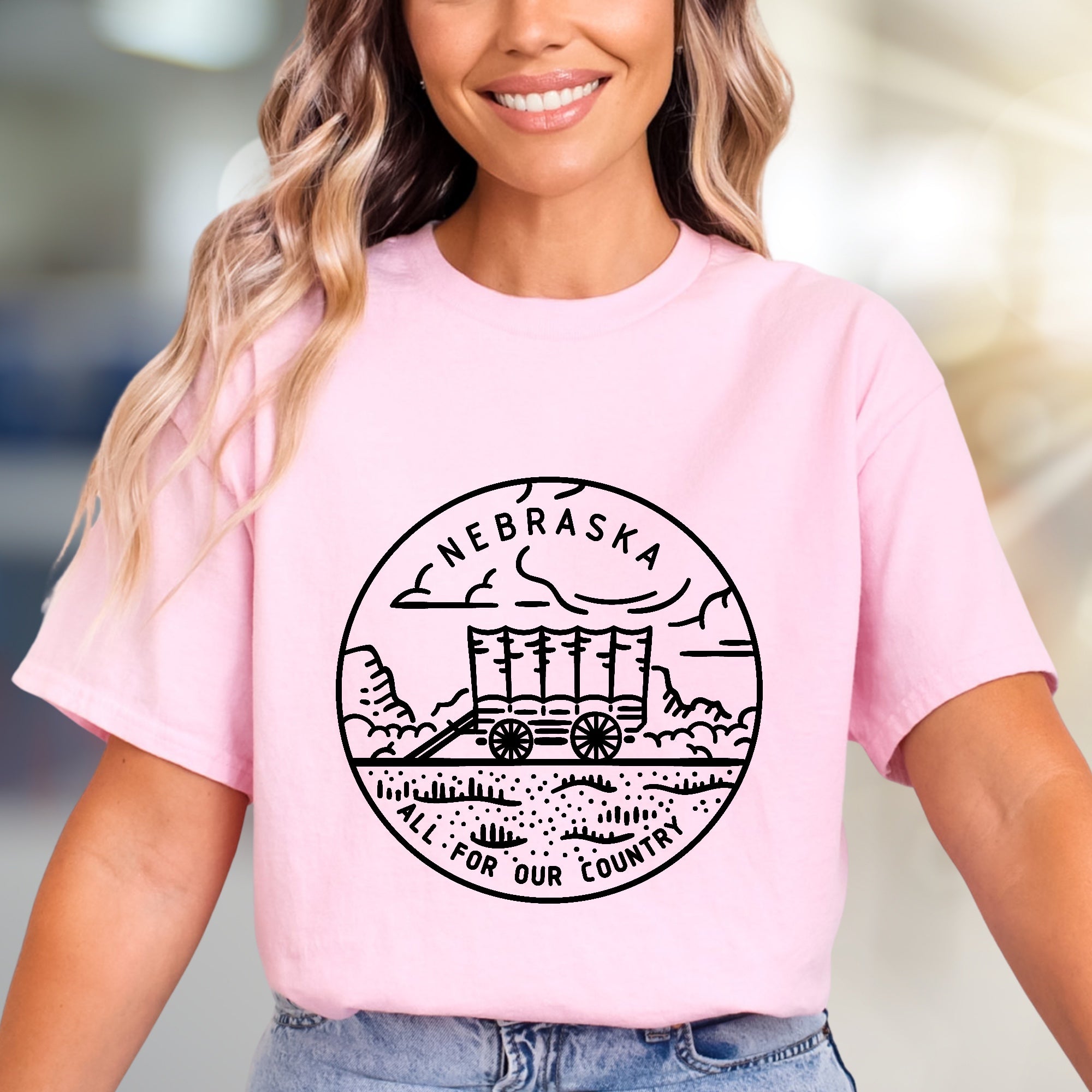 "NEBRASKA ALL FOR OUR COUNTRY" Pioneer Wagon Graphic Tee, a Heritage Pick for State Enthusiasts