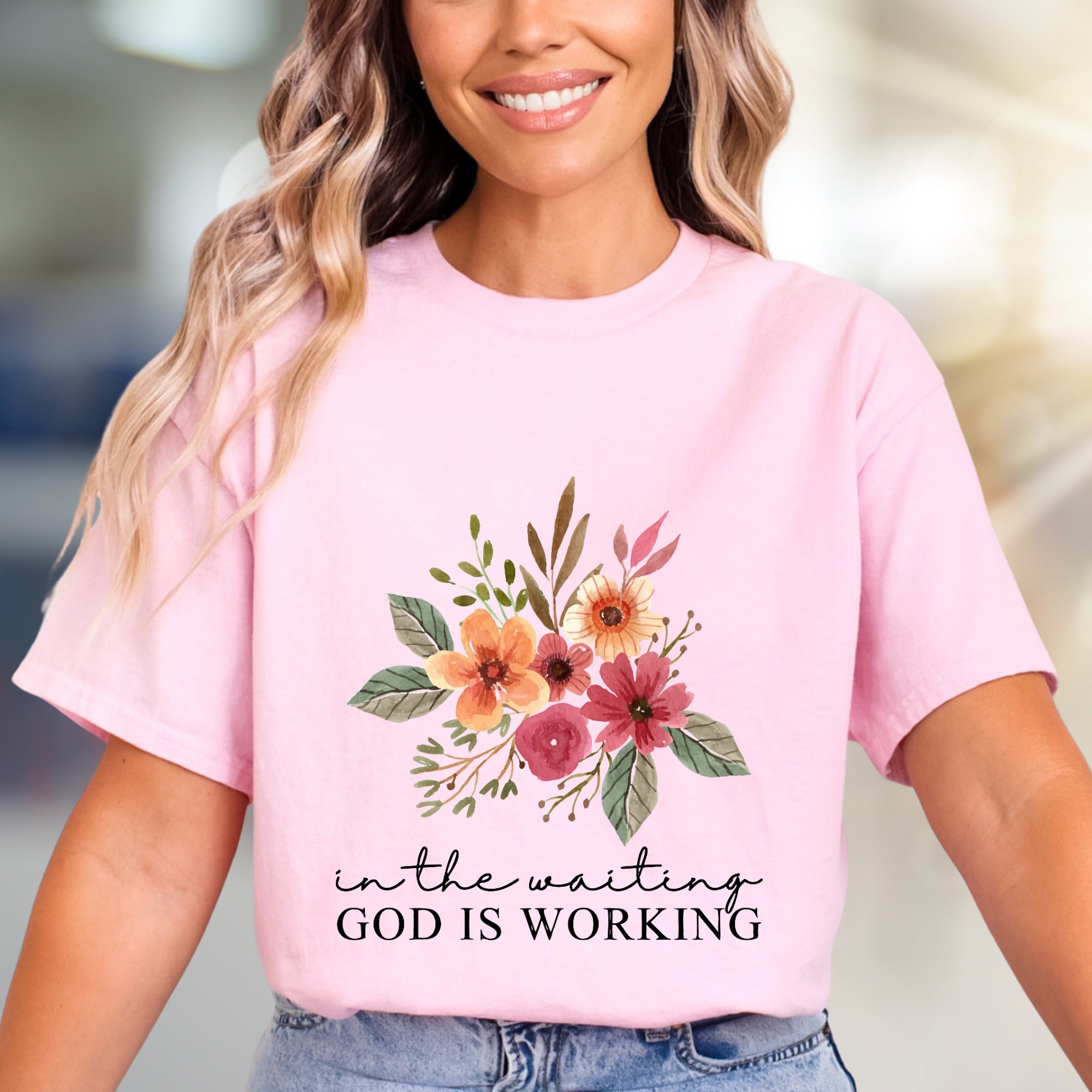 "In The Waiting God Is Working" Floral Graphic Tee, A Faith-Inspired Pick for Believers
