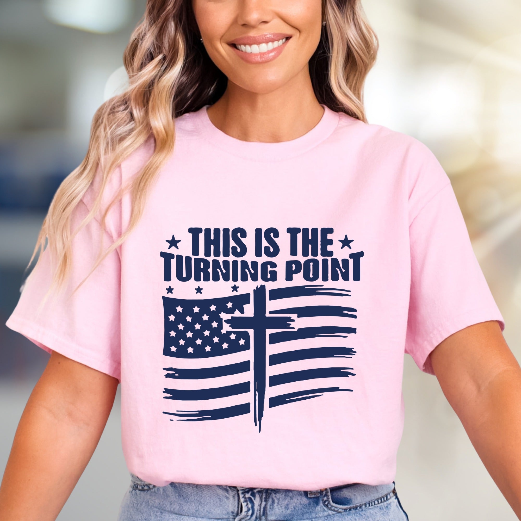 "THIS IS THE TURNING POINT" American Flag Cross Graphic Tee, a Faith-Inspired Statement