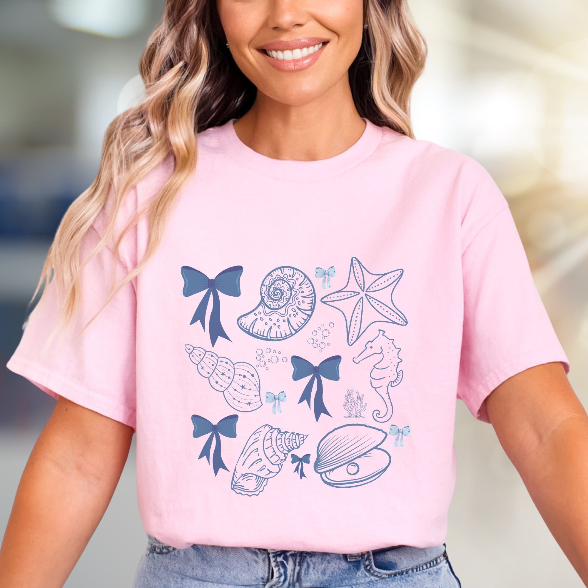 Oceanic Bows & Seashells Graphic Tee, a Whimsical Coastal Pick for Beach Lovers