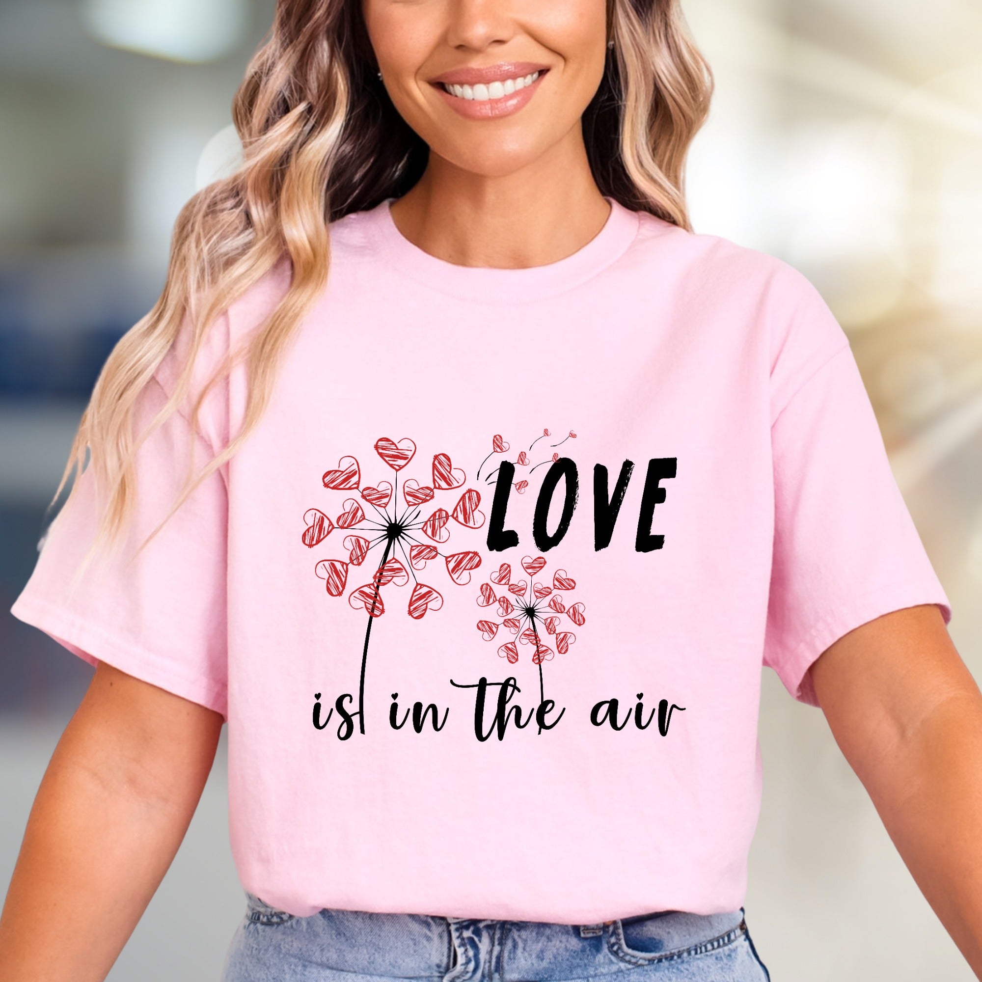 "LOVE is in the air" Dandelion Heart Graphic Tee, a Romantic Pick for Couples