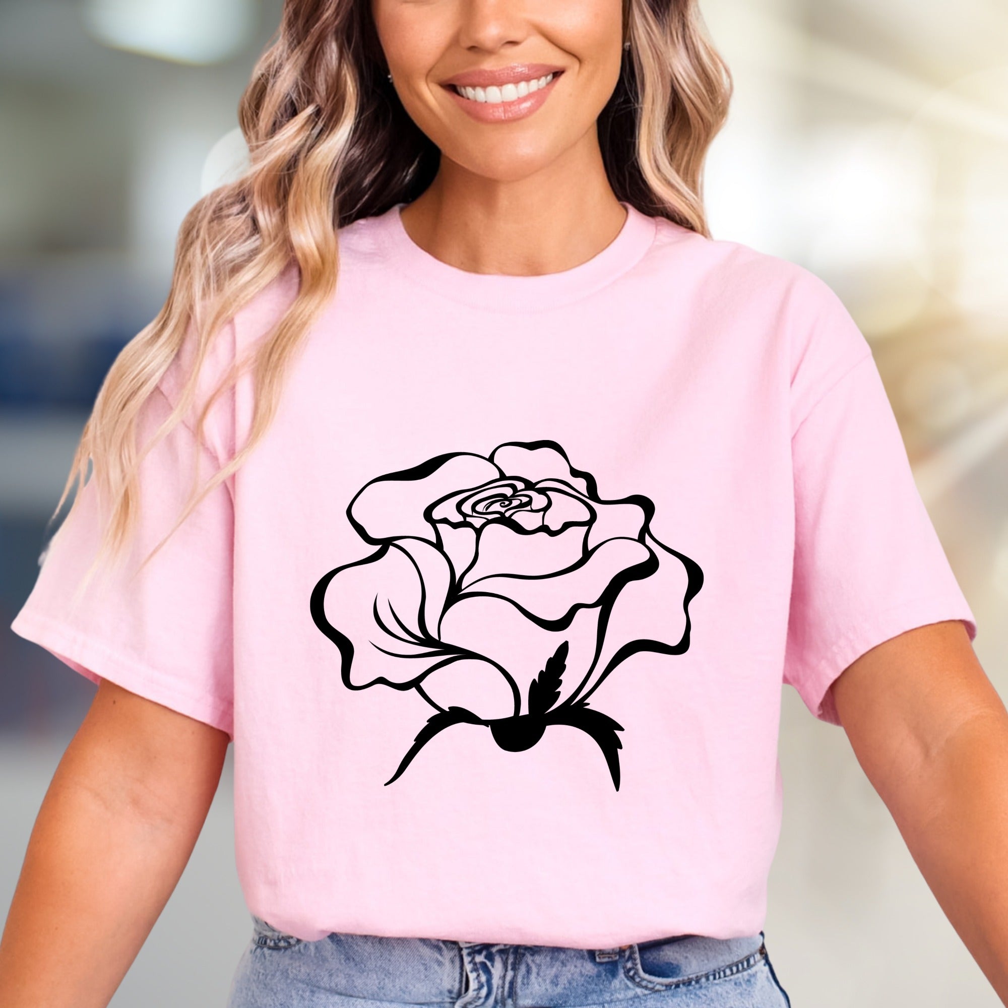 White Outline Rose Graphic Tee, a Floral Art Aesthetic for Everyday Style