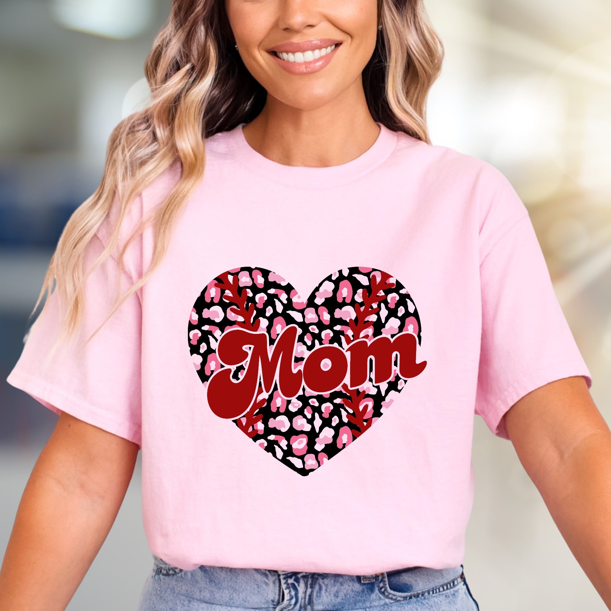 Mom Leopard Print Heart Baseball Graphic Tee, a Trendy Statement for Her
