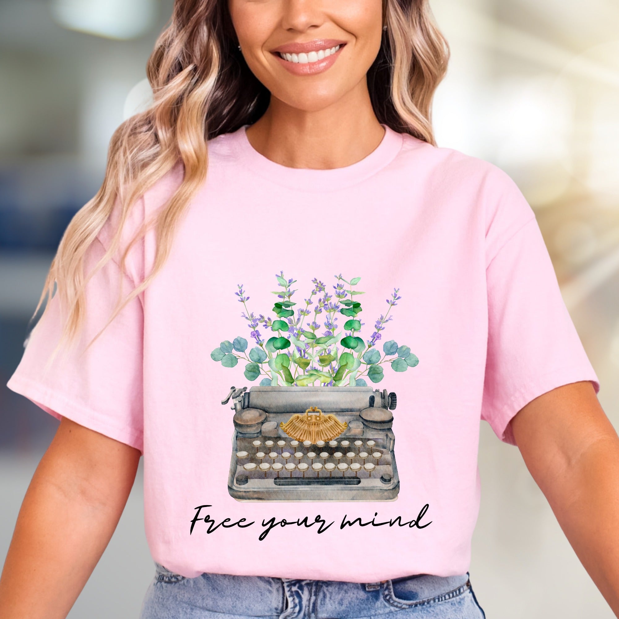 "Free Your Mind" Typewriter Floral Graphic Tee, a Creative Expression Unisex Tee