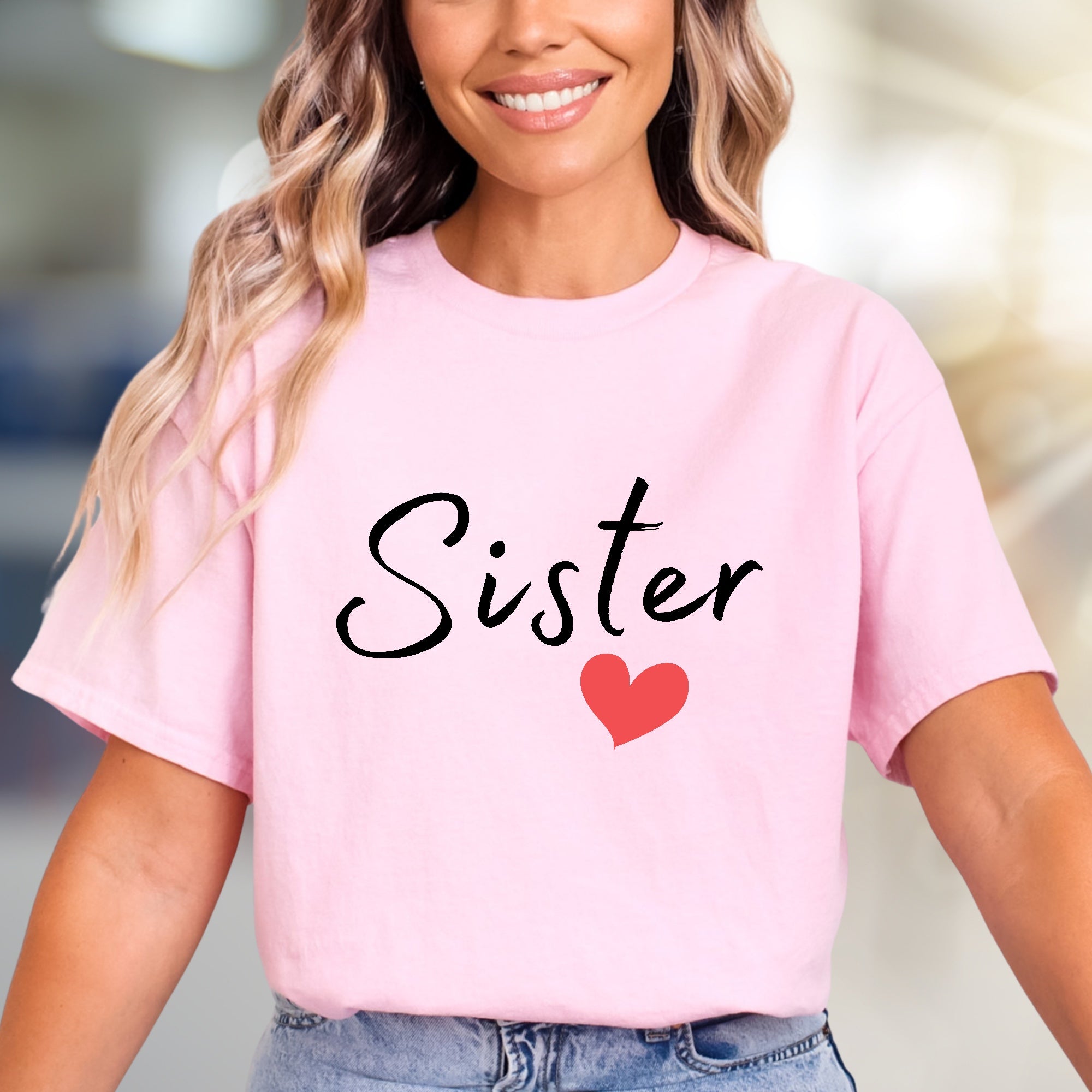 "Sister" Heart Script Graphic Tee, a Loving Pick for Family Bonds