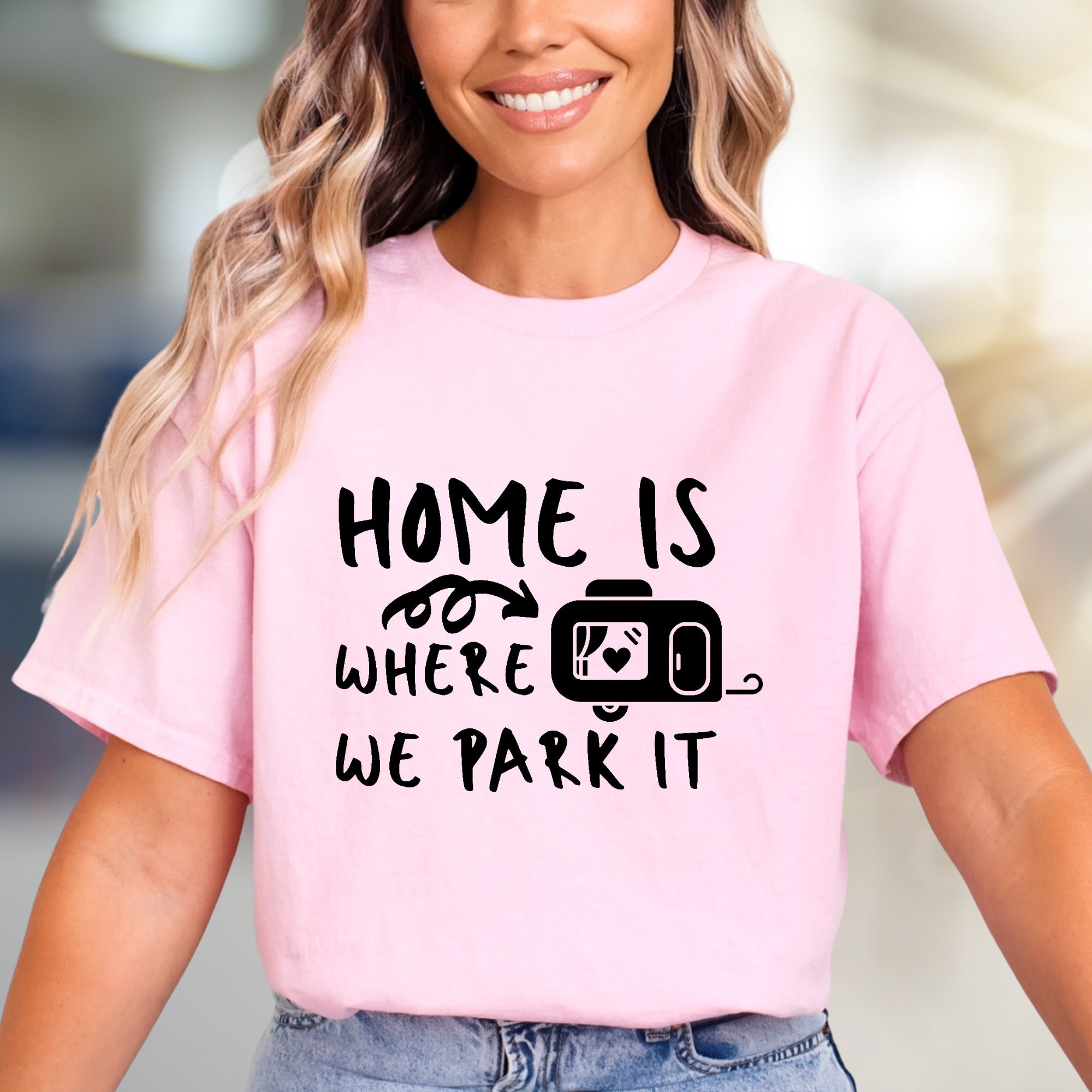 "HOME IS WHERE WE PARK IT" Camper Graphic Tee, A Laid-Back Travel Shirt for RV Lovers