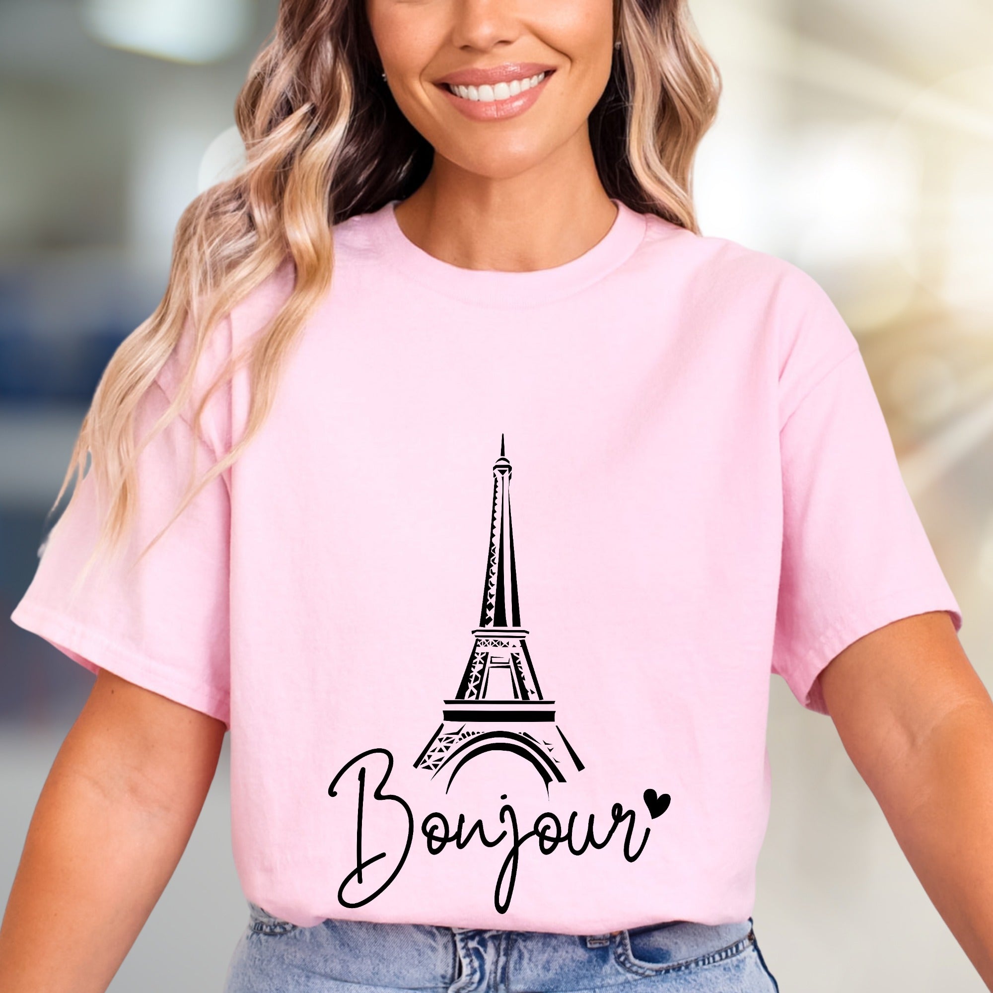 "Bonjour" Eiffel Tower Graphic Tee, a Parisian Chic Pick for Travelers