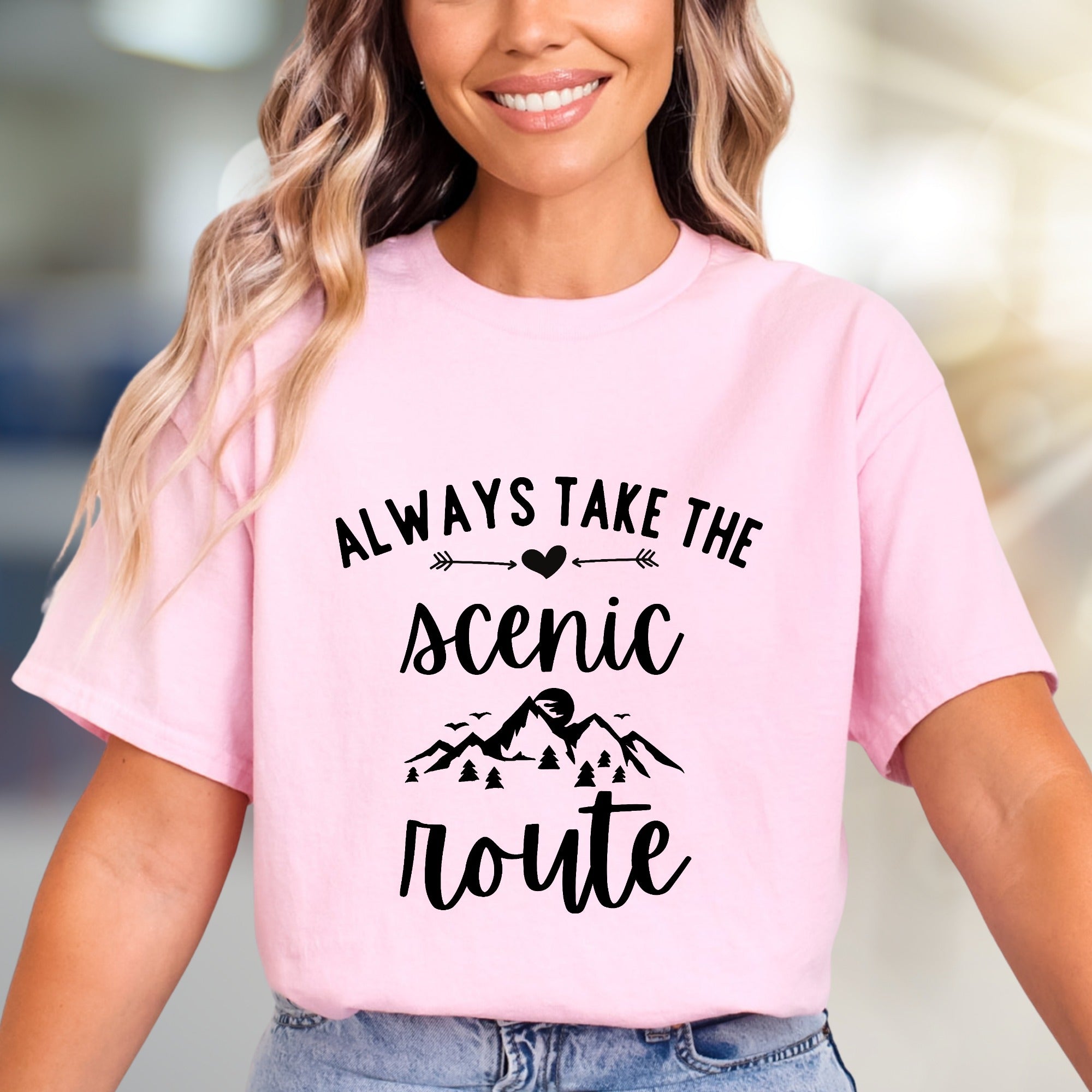 "Always Take the Scenic Route" Mountain Graphic Tee, a Nature Lover's Pick for Adventurers