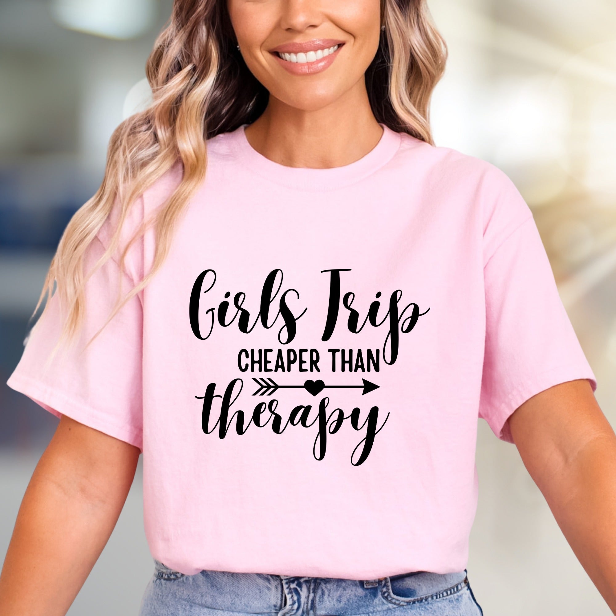 "Girls Trip Cheaper Than Therapy" Fun Graphic Tee, a Vacation Humor Pick for Friends