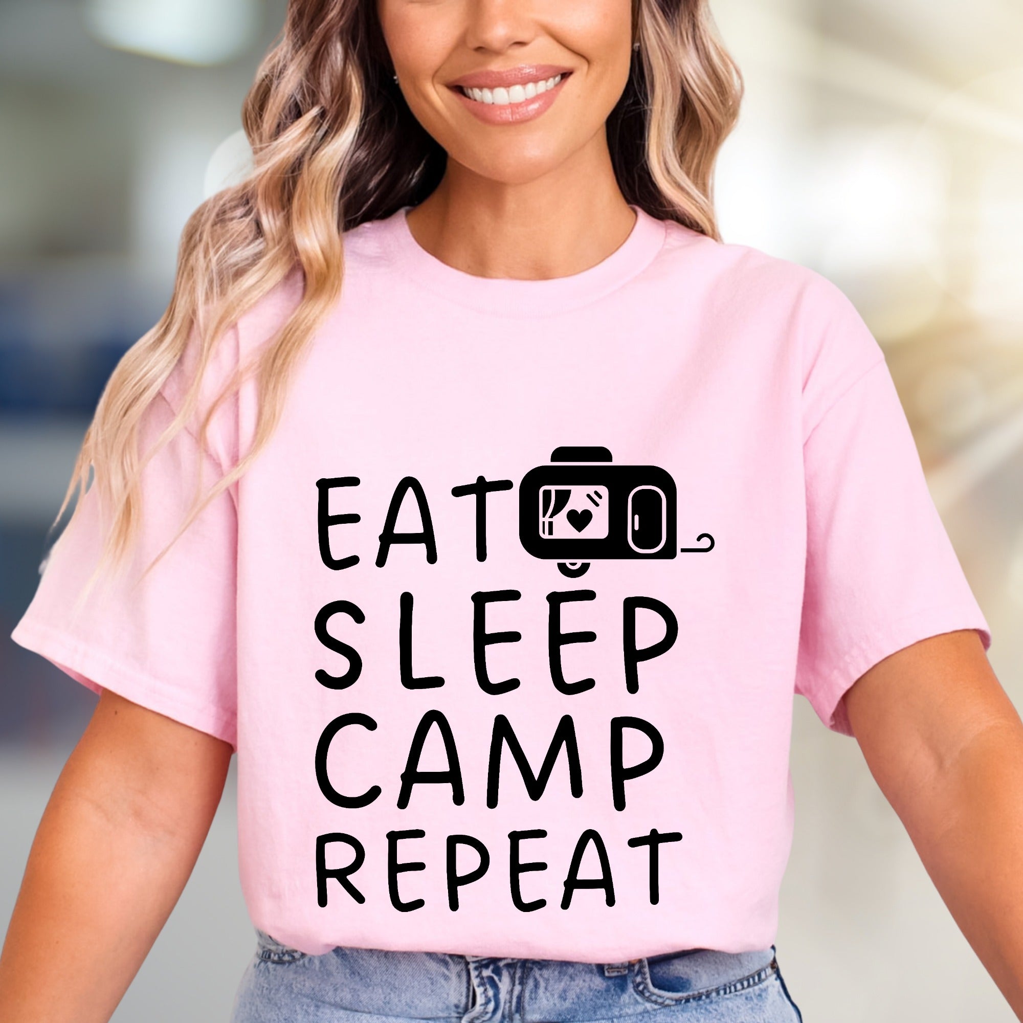"EAT SLEEP CAMP REPEAT" Camper Graphic Tee, a Outdoorsy Pick for Enthusiasts