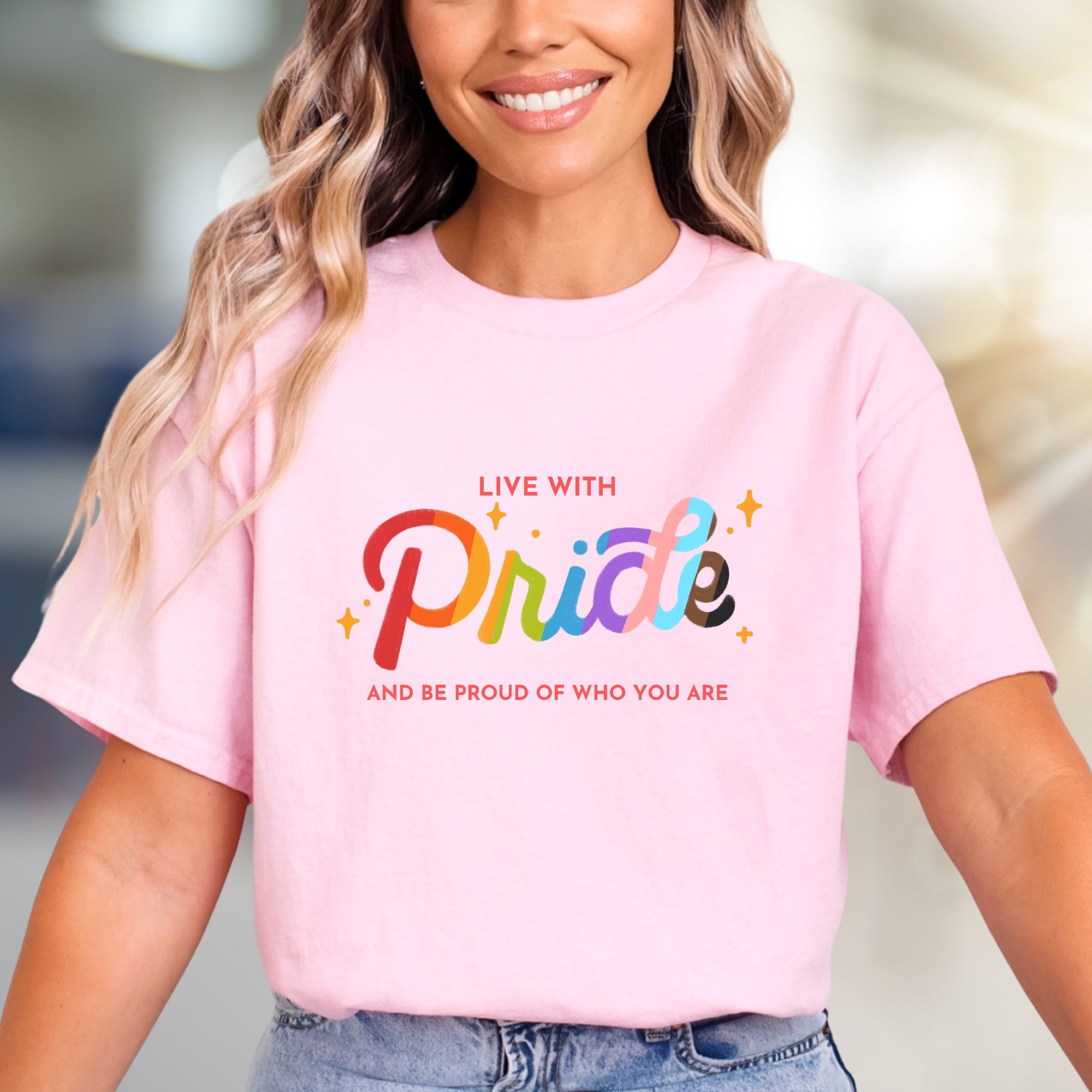 "Live With Pride" Rainbow Sparkle Graphic Tee, a Bold Statement for Everyone