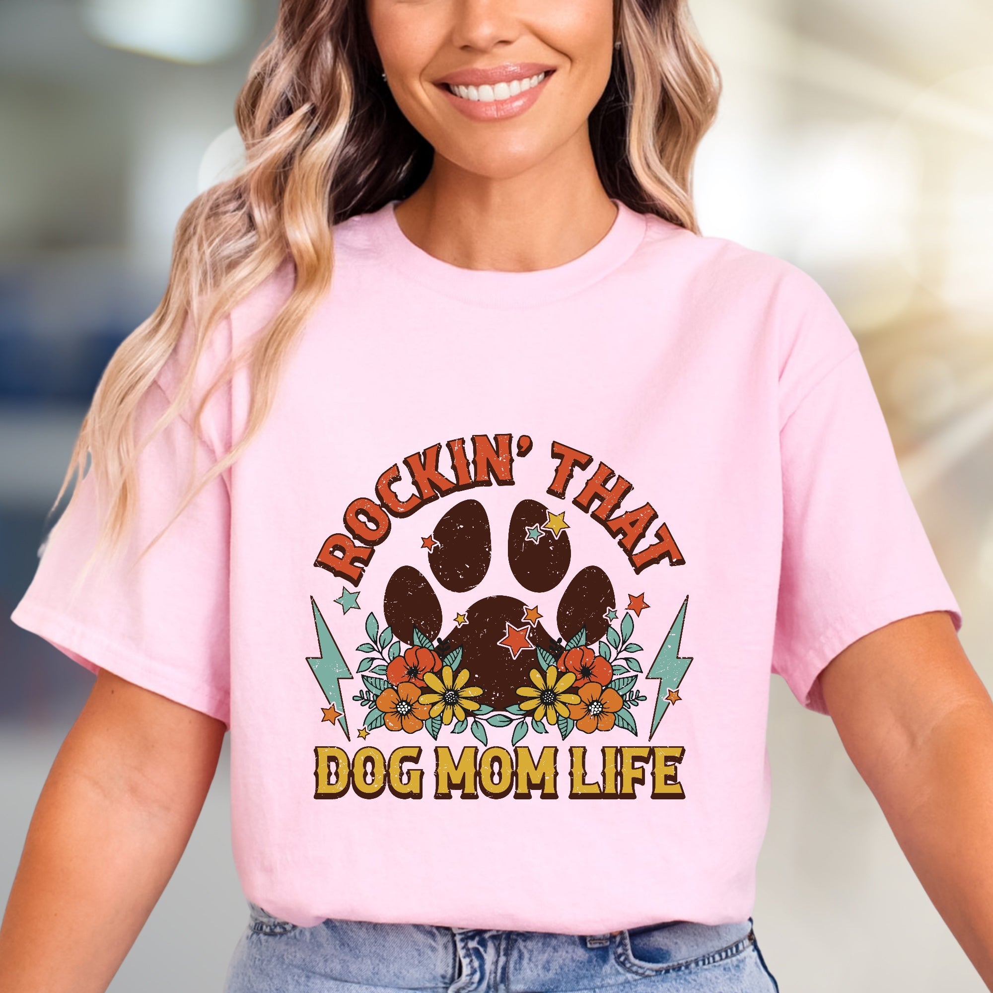 "Rockin' That Dog Mom Life" Retro Dog Mama Graphic Tee, a Paw Print Style Pick for Pet Owners