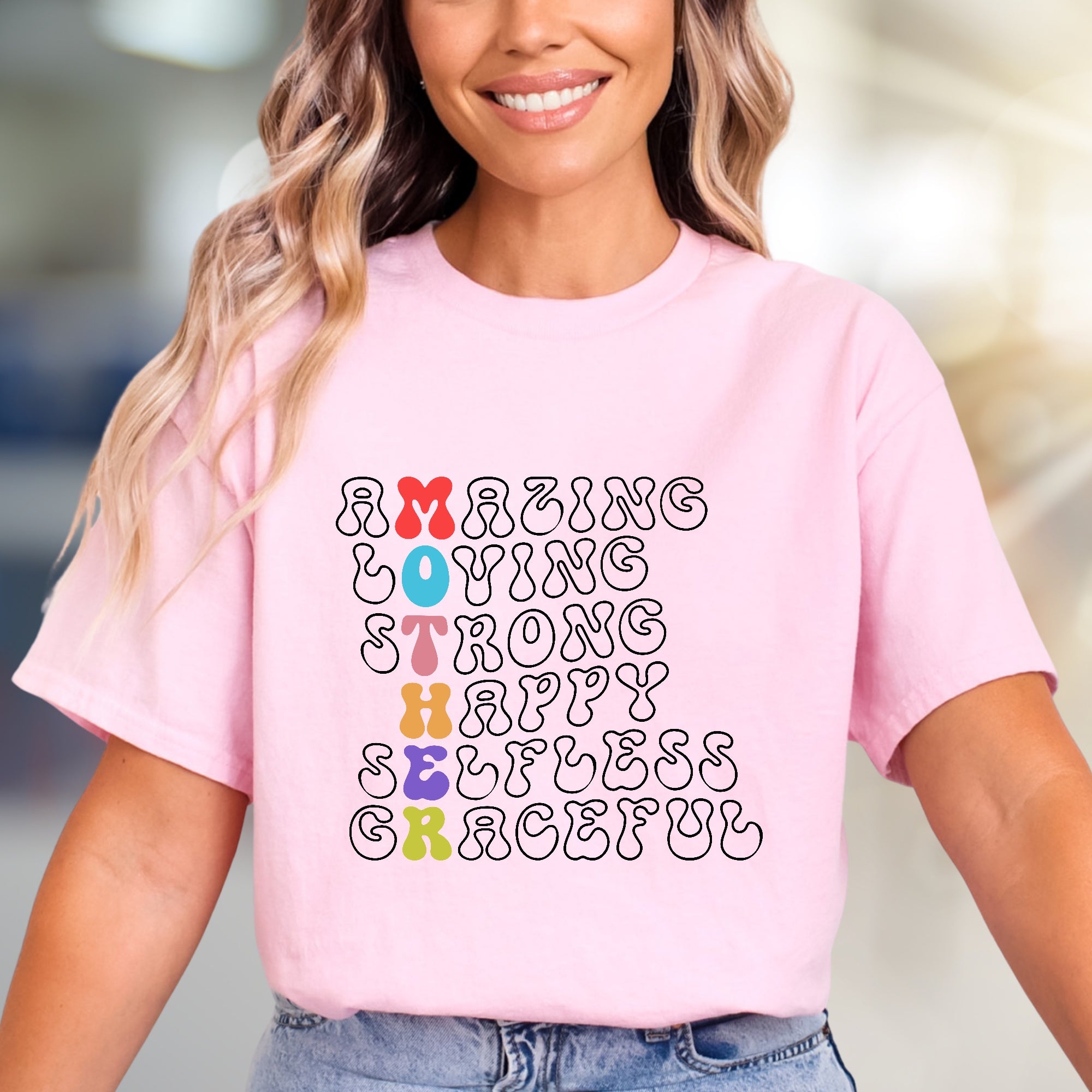 "Amazing Loving Strong Happy Selfless Graceful" Motherhood Graphic Tee, a Heartfelt Pick for Moms