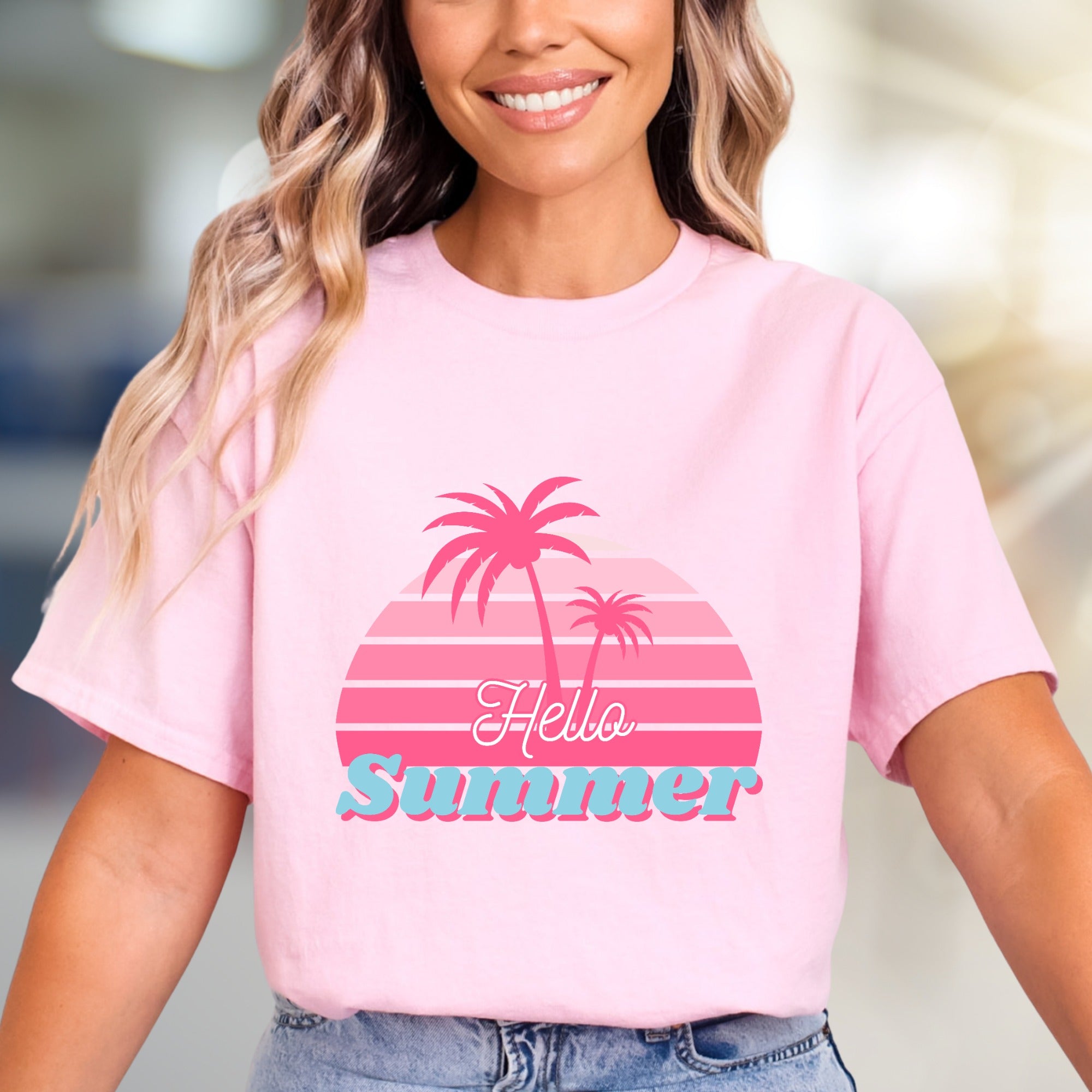 "Hello Summer" Tropical Sunset Graphic Tee, a Vacation Vibes Pick for Beach Lovers