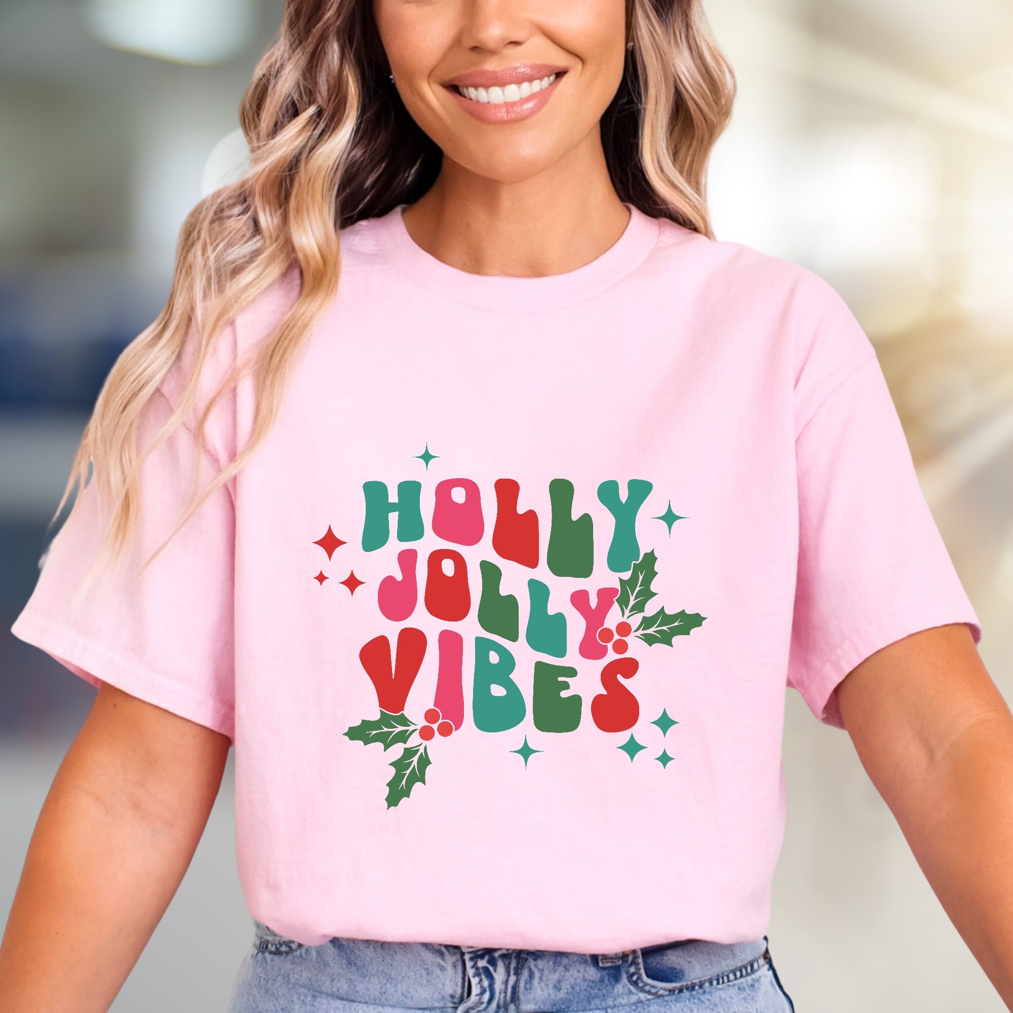 "Holly Jolly Vibes" Retro Holiday Graphic Tee, a Festive Pick for Christmas Lovers