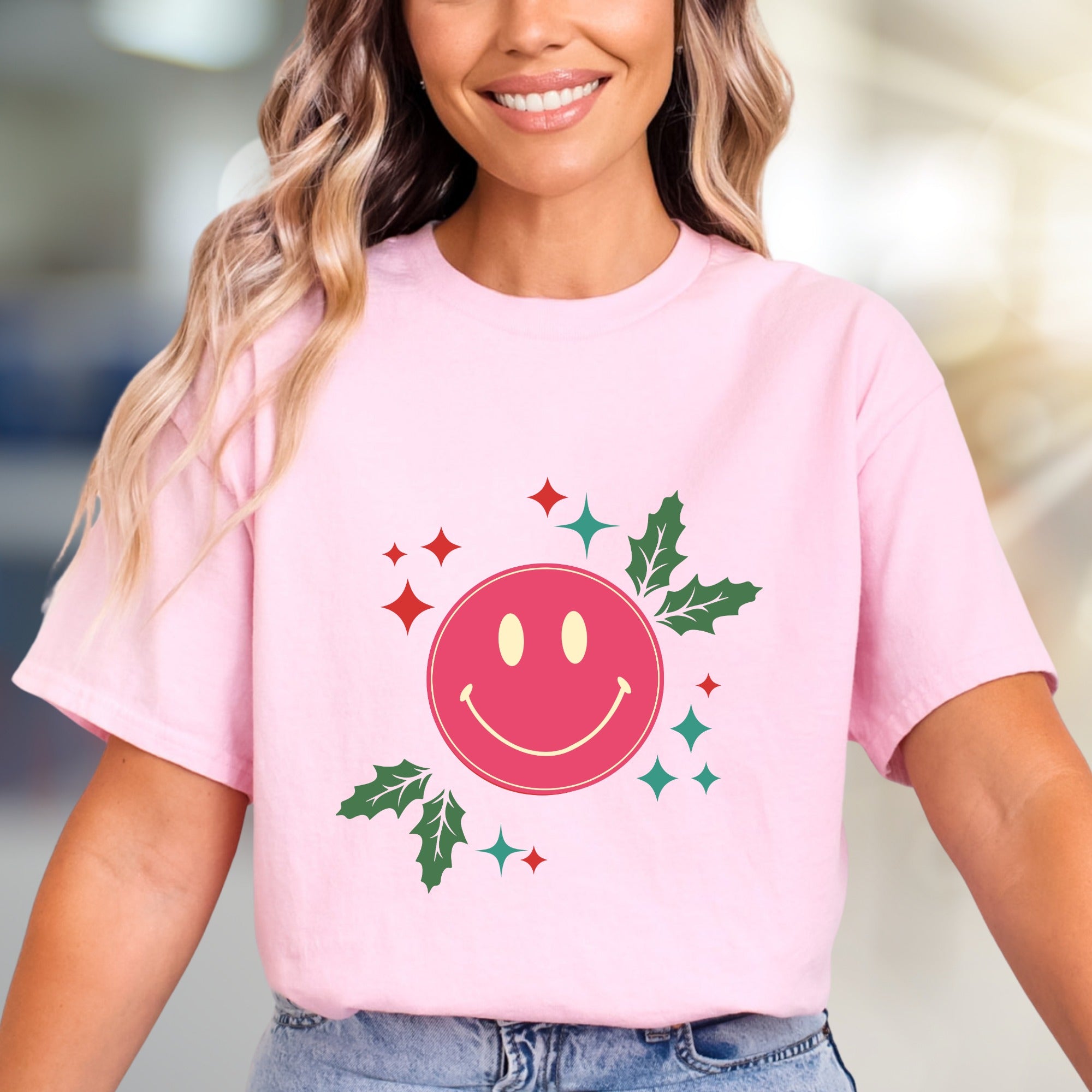 Happy Holly Jolly Smile Face Graphic Tee, a Festive Comfort Pick for Joyful Spirits