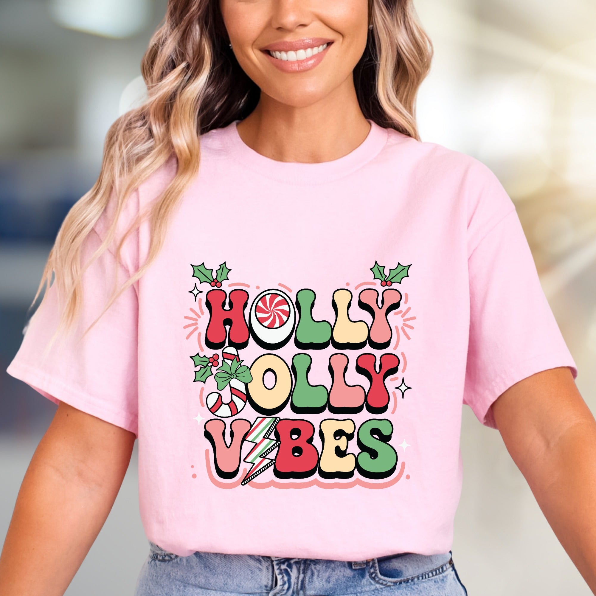 "Holly Jolly Vibes" Retro Christmas Graphic Tee, a Festive Pick for Holiday Enthusiasts