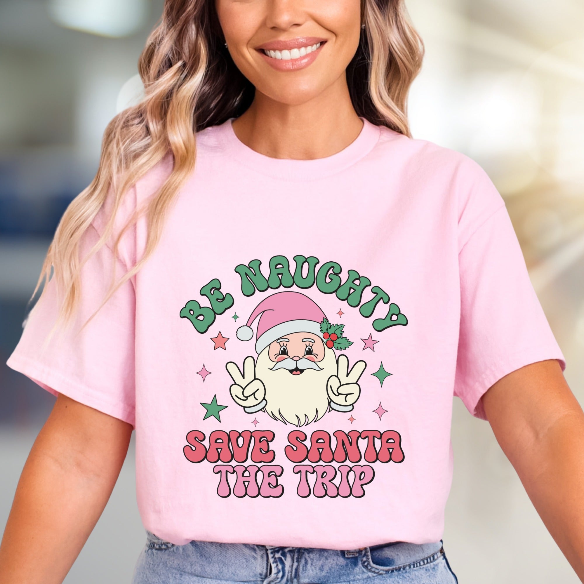 "Be Naughty Save Santa The Trip" Groovy Santa Graphic Tee, a Funny Christmas Pick for Holiday Lovers