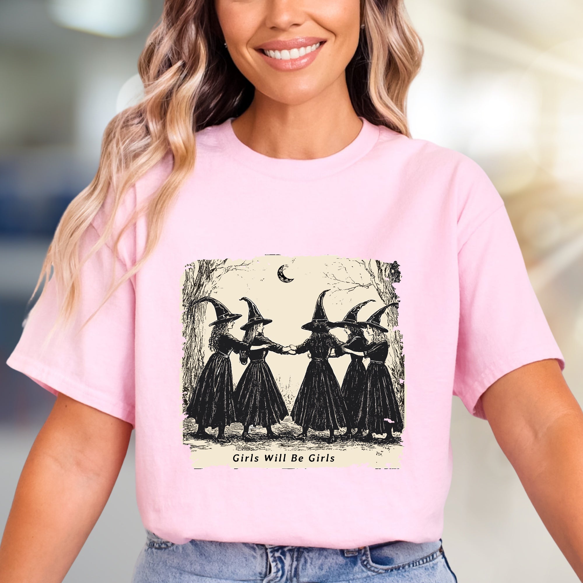 "Girls Will Be Girls" Witchy Sisterhood Graphic Tee, A Mystical Folk Art Pick for Free Spirits
