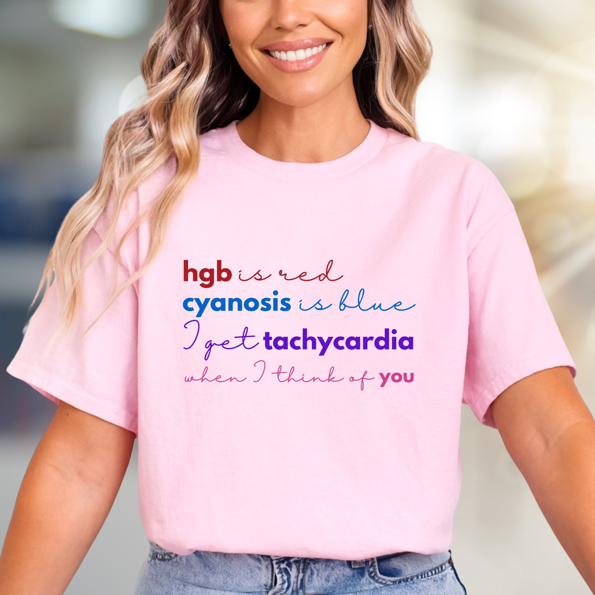 "hgb is red cyanosis is blue" Medical Love Graphic Tee, a Quirky Pick for Healthcare Pros