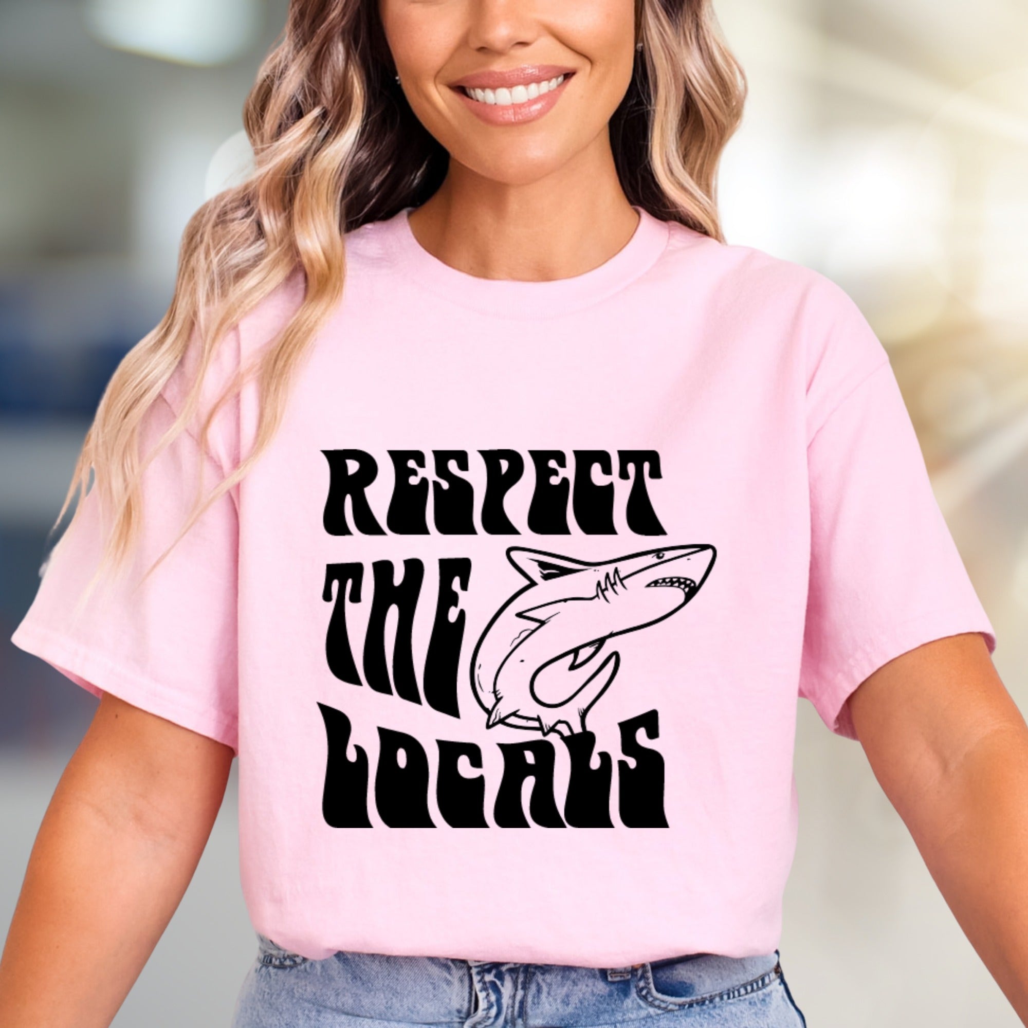 "Respect The Locals" Shark Graphic Tee, A Coastal-Cool Pick for Ocean Lovers