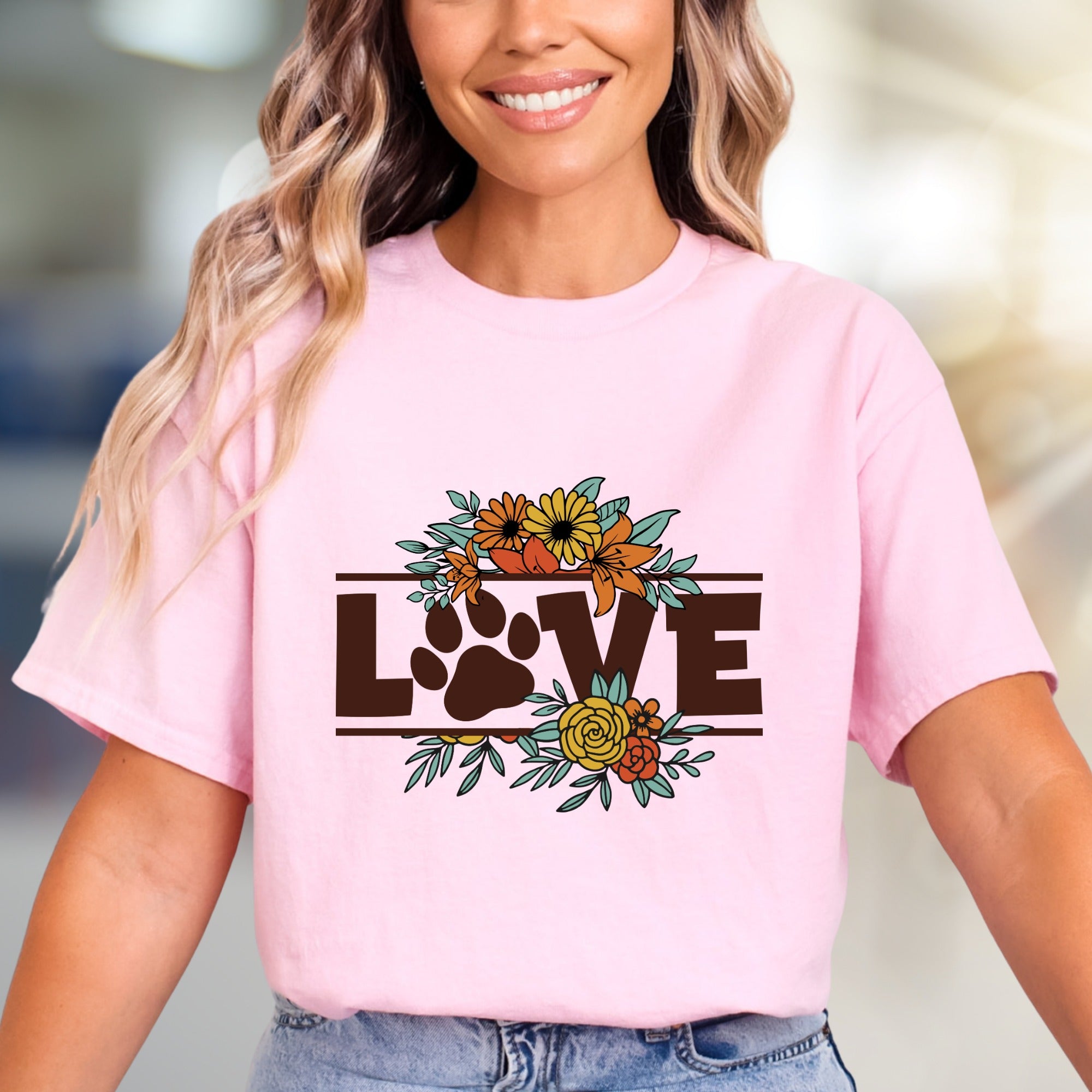 "LOVE" Floral Paw Print Graphic Tee, a Bohemian Pet Lover's Pick for Everyday Style