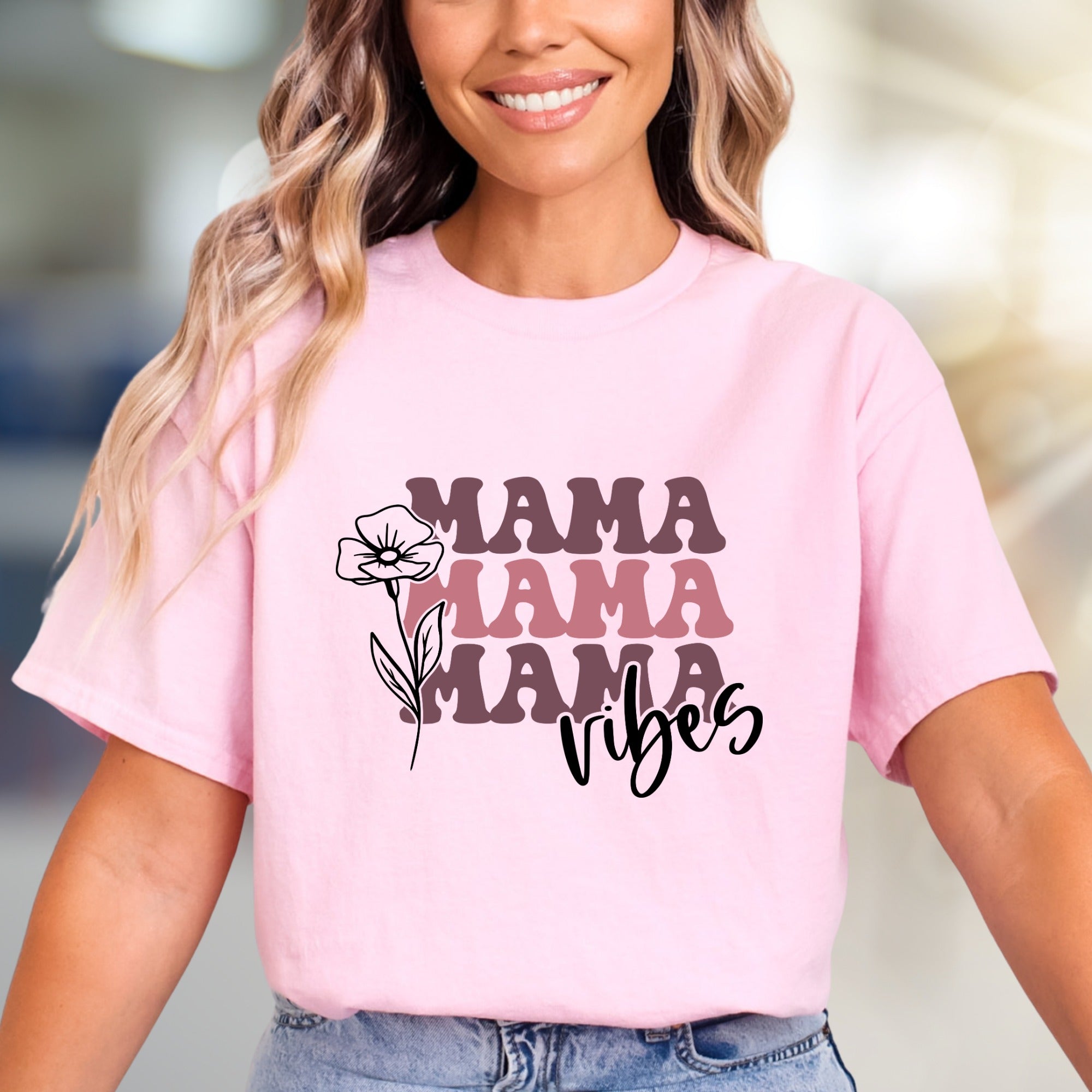 "Mama Mama Mama Vibes" Floral Graphic Tee, a Boho Chic Pick for Trendy Moms