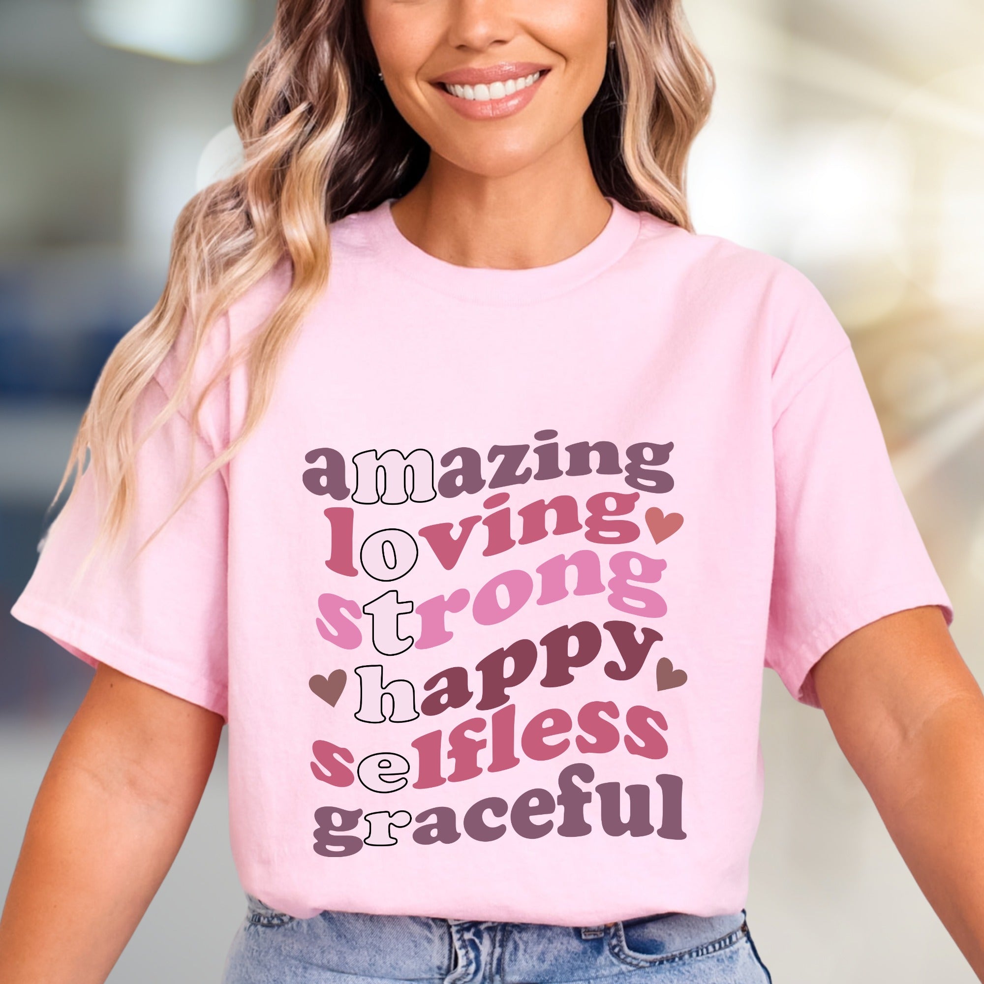 "Amazing Loving Strong Happy Selfless Graceful" Empowering Groovy Graphic Tee, a Self-Love Pick for Her