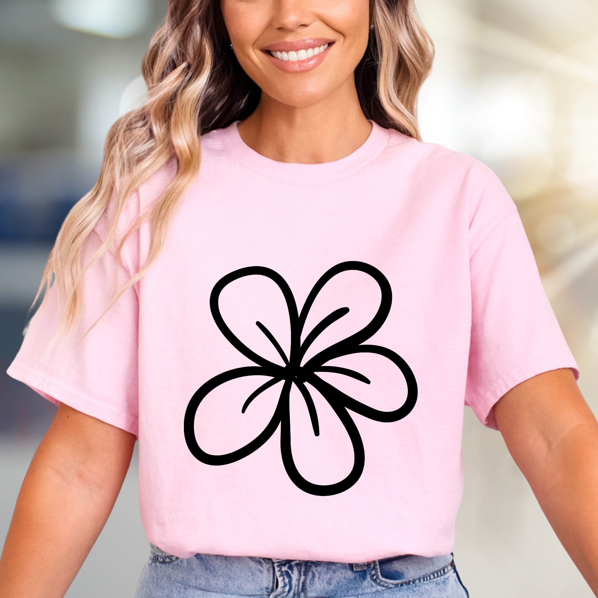 Simplistic Blossom Outline Graphic Tee, A Minimalist Floral Pick for Nature Lovers