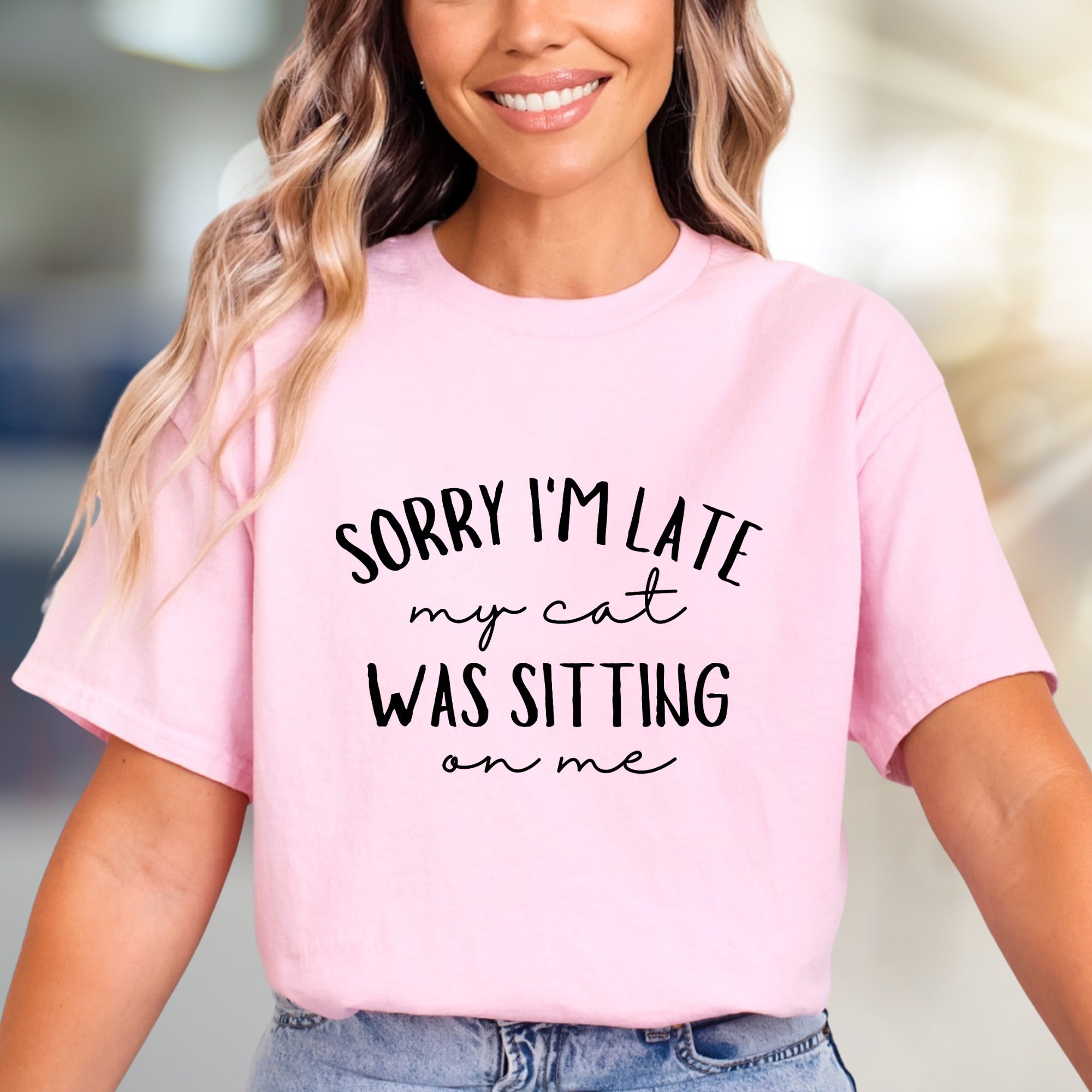 "Sorry I'm Late My Cat Was Sitting On Me" Funny Cat Graphic Tee, A Relatable Pet Lover Pick for Everyday Humor