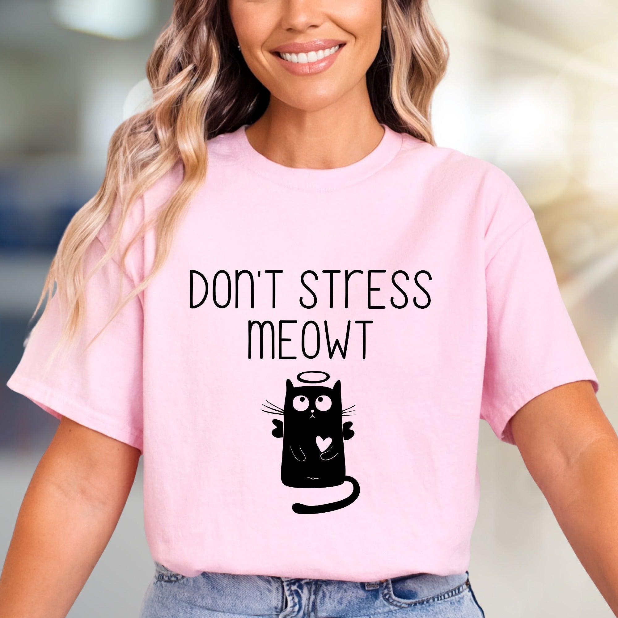 "Don't Stress Meowt" Angel Cat Graphic Tee, a Whimsical Pick for Cat Lovers