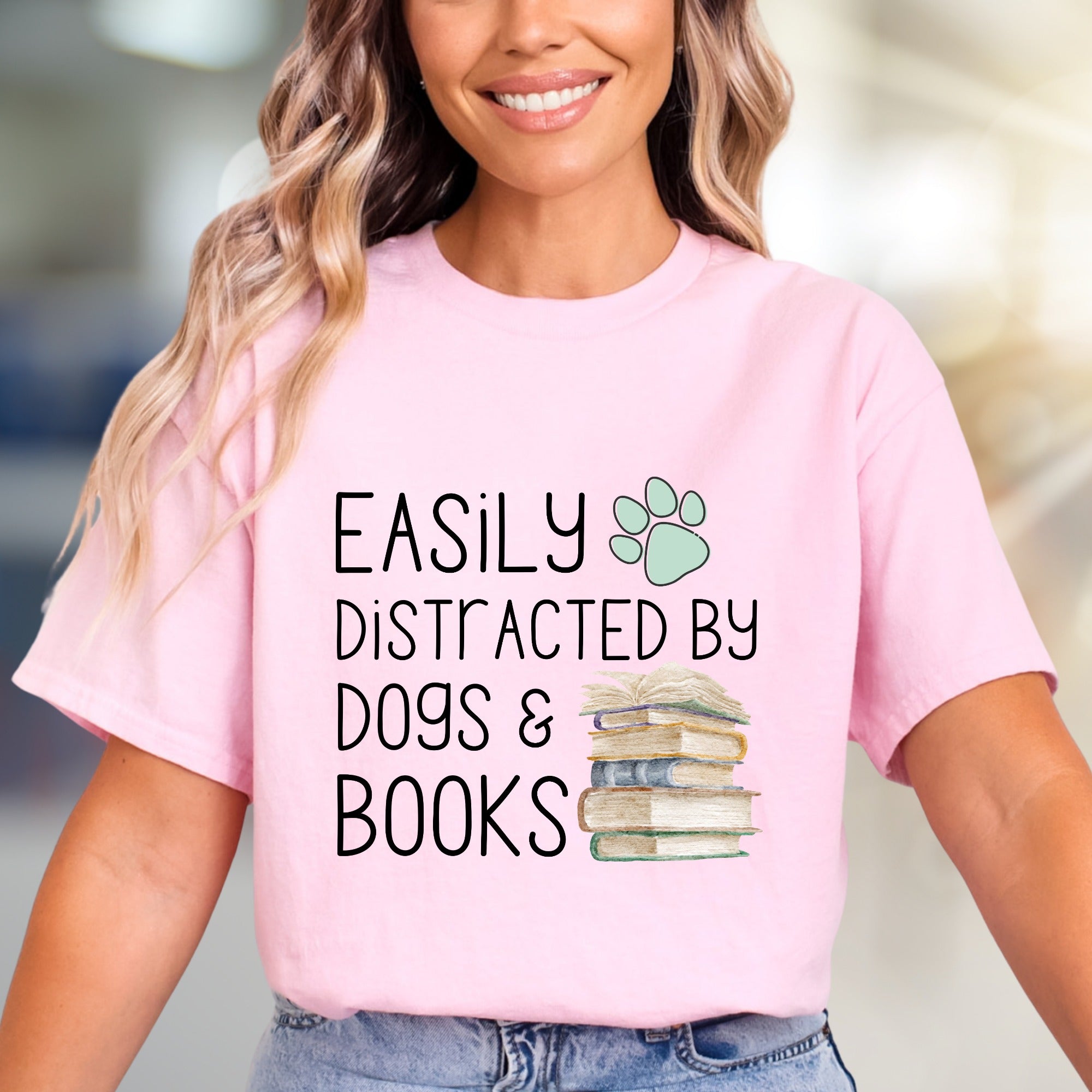 "Easily Distracted by Dogs & Books" Cozy Graphic Tee, a Pet Lover's Pick for Readers