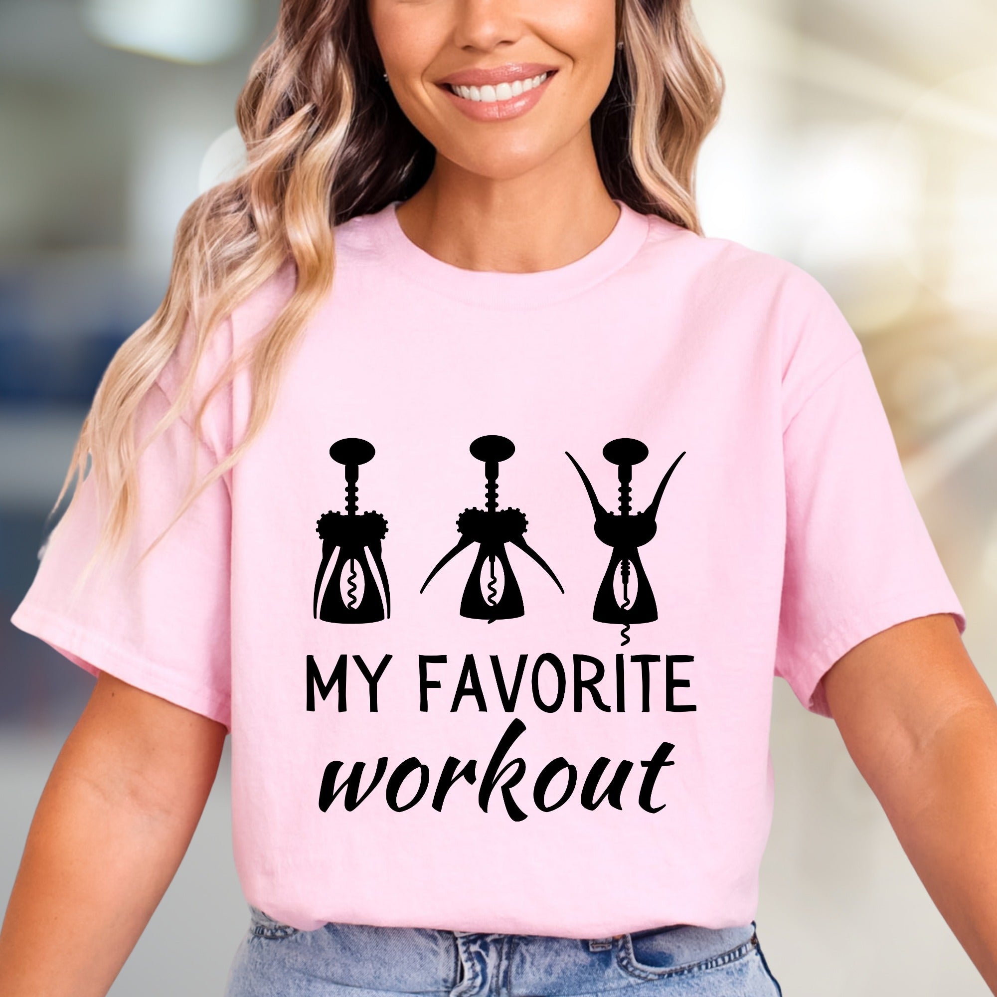 "My Favorite Workout" Wine Corkscrew Graphic Tee, a Witty Pick for Wine Lovers