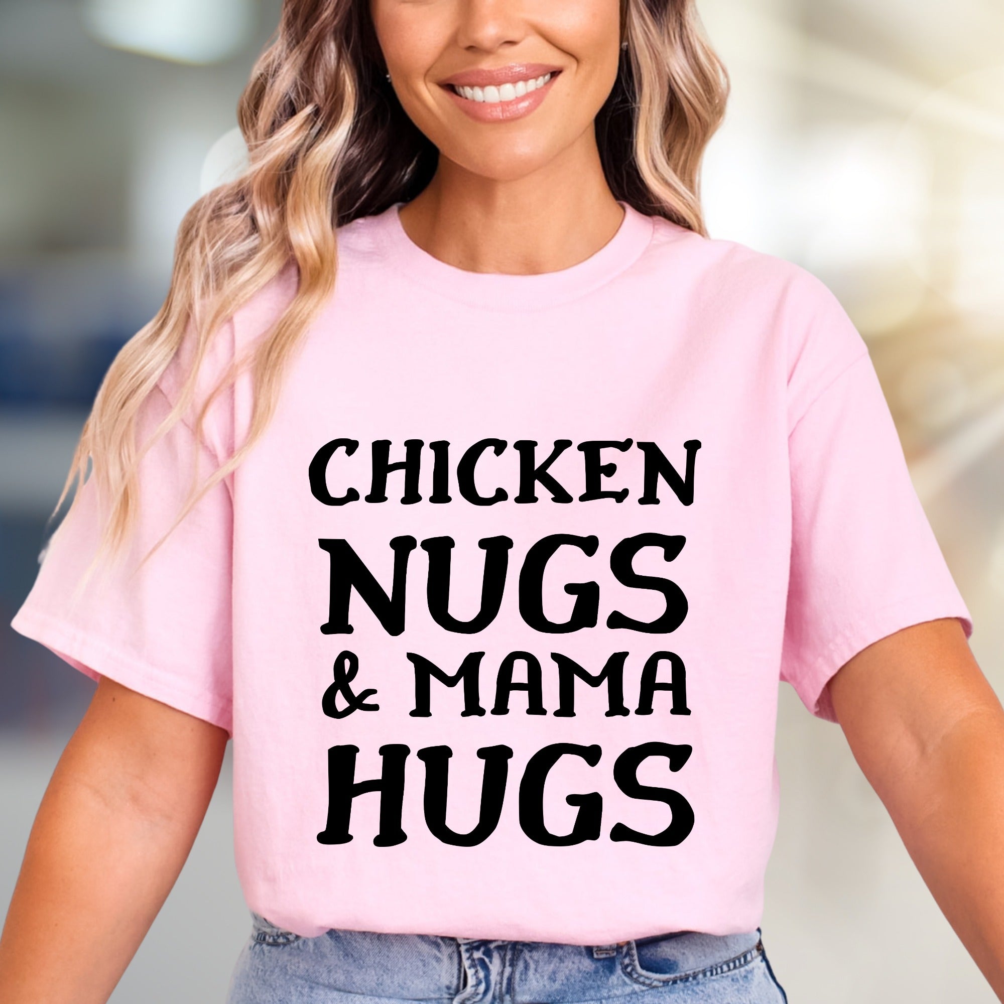 "Chicken Nugs & Mama Hugs" Whimsical Mom Life Graphic Tee, a Comfort-First Choice for Everyday