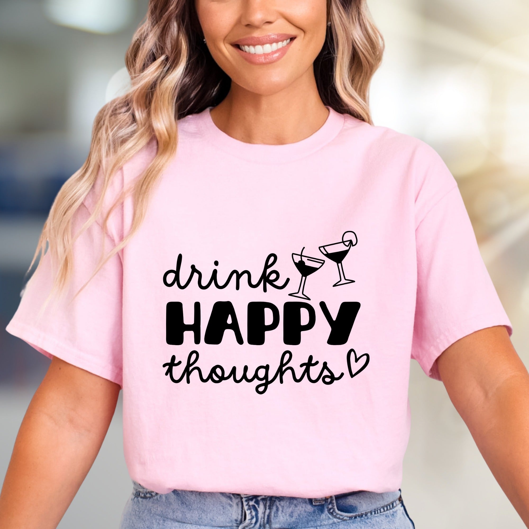 "Drink Happy Thoughts" Cocktail Graphic Tee, a Positive Vibe Pick for Everyone