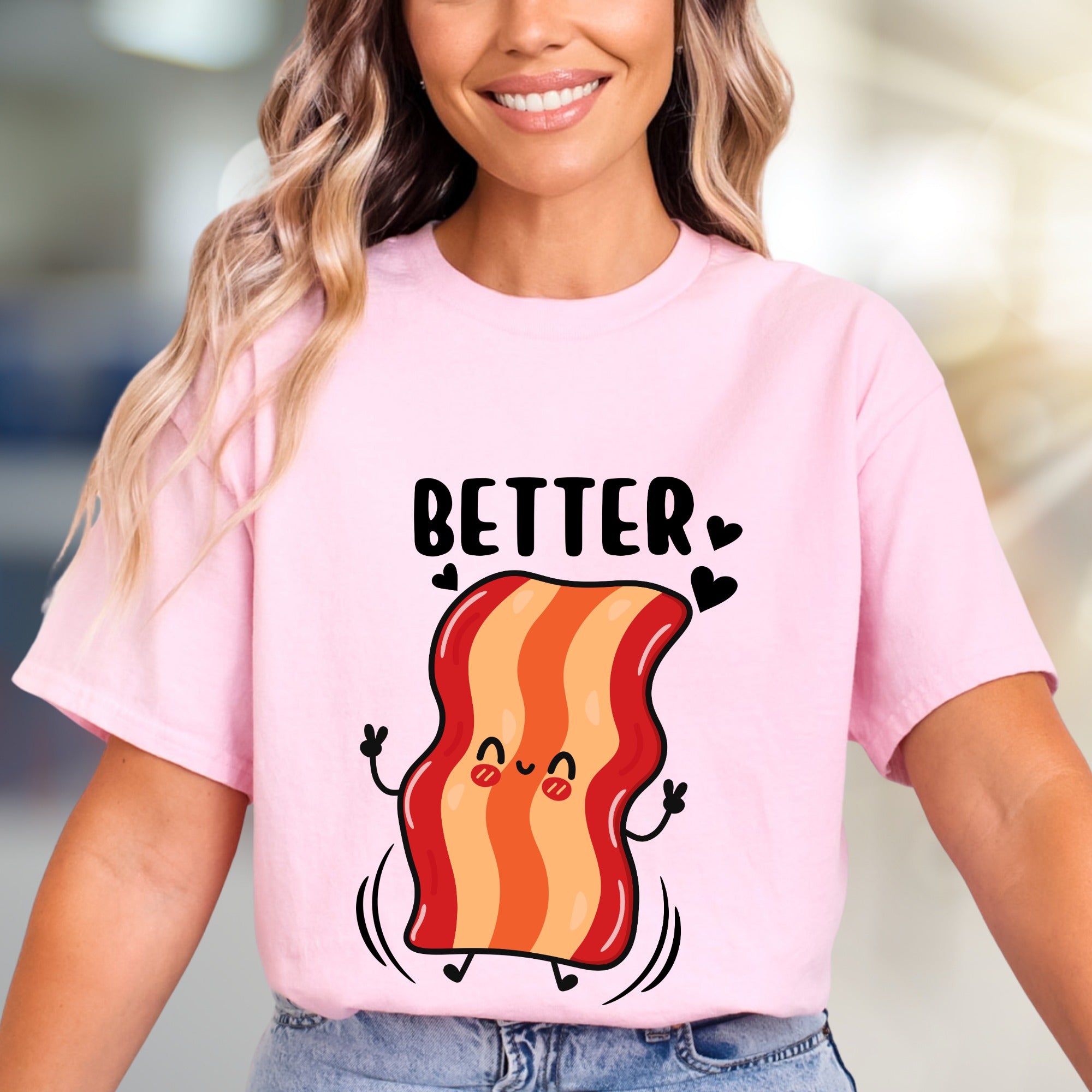 "BETTER" Cute Bacon Jumping Graphic Tee, a Fun Foodie Pick for Couples