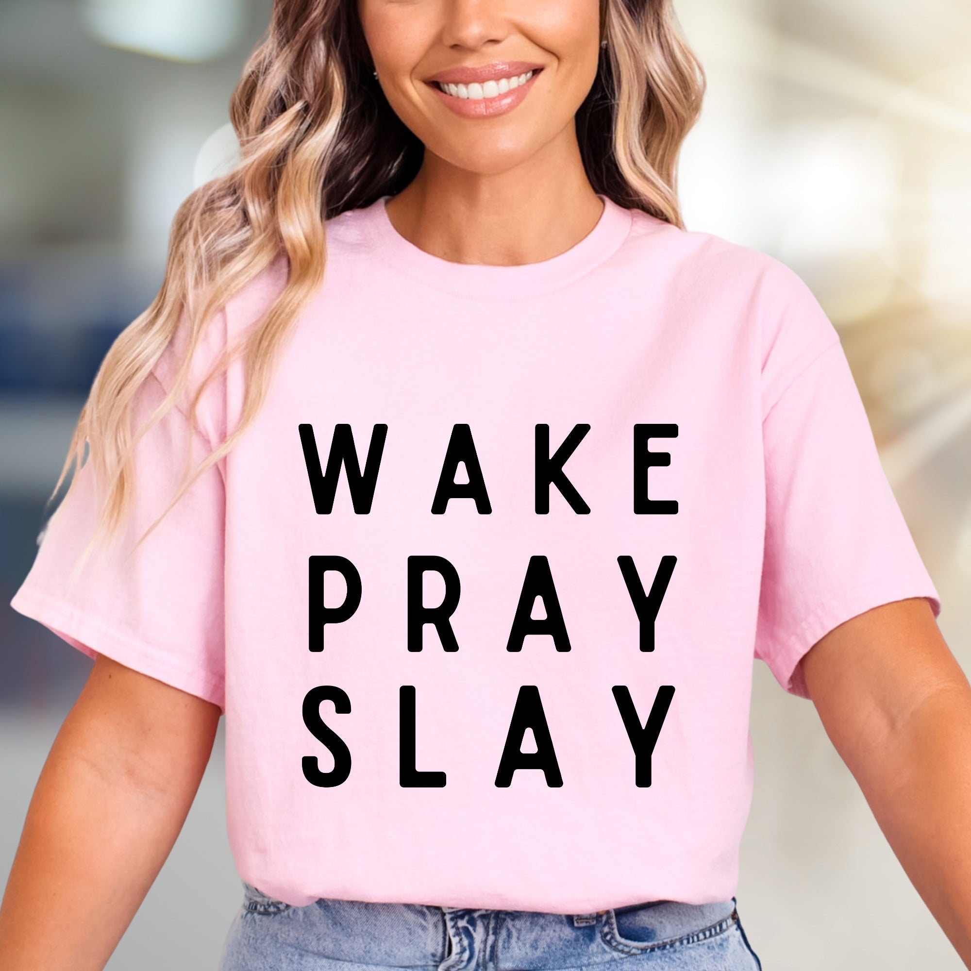 "WAKE PRAY SLAY" Motivational Graphic Tee, an Empowering Pick for Go-Getters