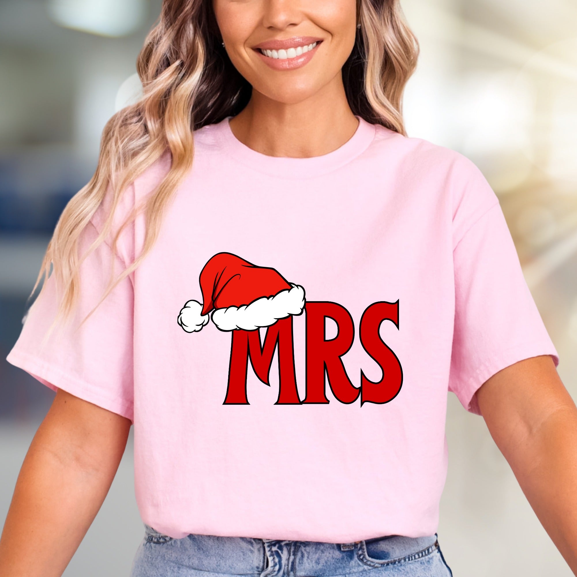 "MRS." with Santa Hat Holiday Graphic Tee, A Festive Couple's Pick for Her