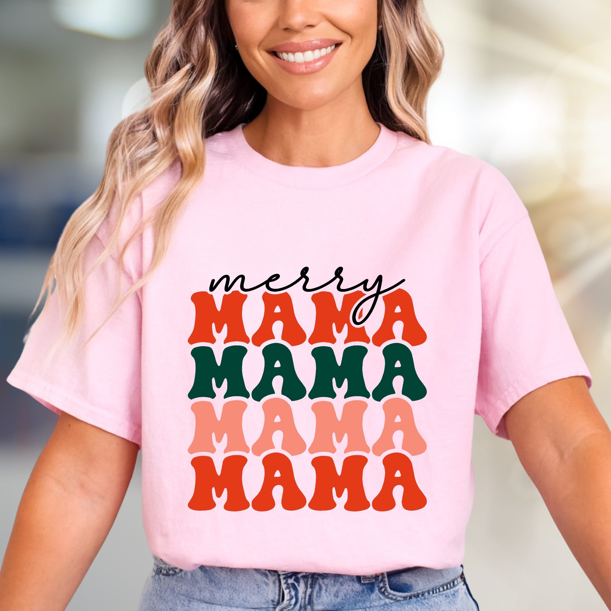 "Merry Mama Mama Mama" Retro Holiday Graphic Tee, a Festive Pick for Moms