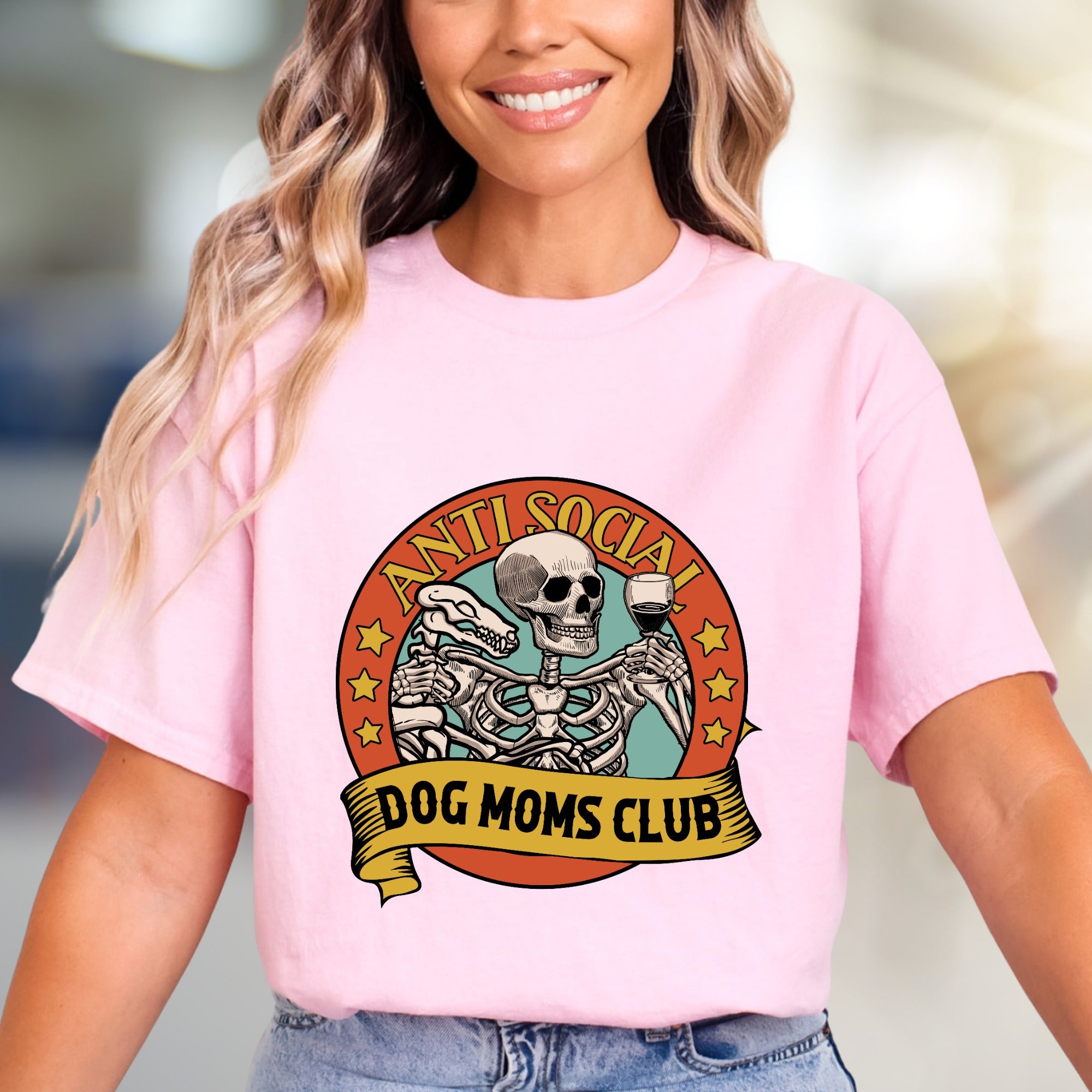"Anti Social Dog Moms Club" Spooky Dog Mom Graphic Tee, a Humorous Pick for Pet Owners