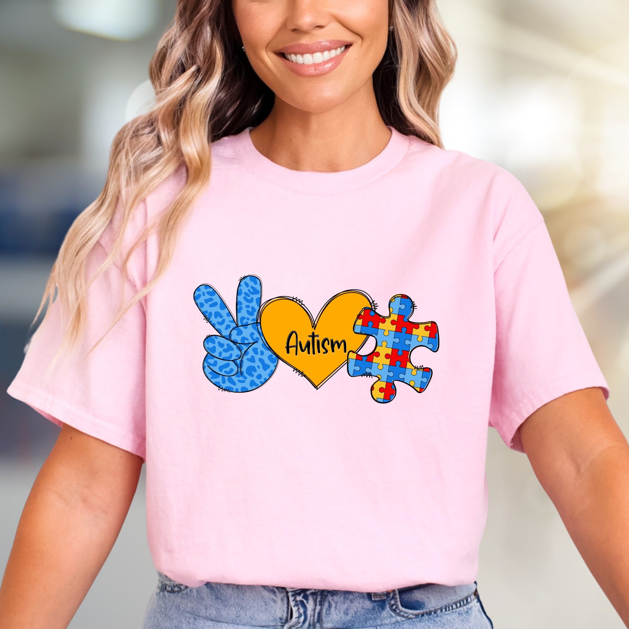“Autism” Peace, Love & Puzzle Graphic Tee, a Supportive Awareness Pick for Advocates