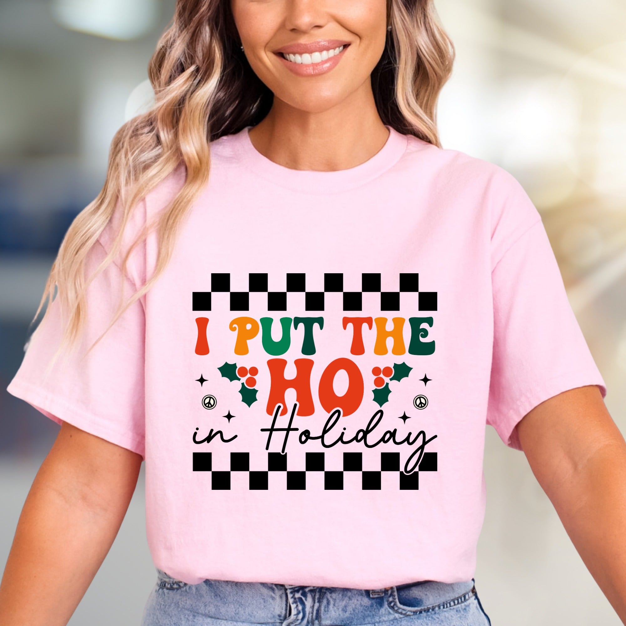 "I PUT THE HO IN Holiday" Checkerboard Graphic Tee, A Retro Holiday Pick for Festive Spirits