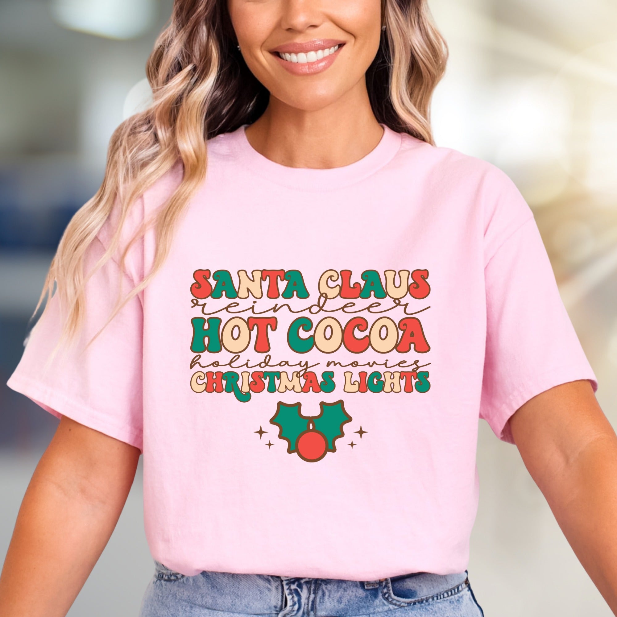 "SANTA CLAUS, REINDEER, HOT COCOA" Retro Christmas Graphic Tee, a Festive Pick for Holiday Lovers