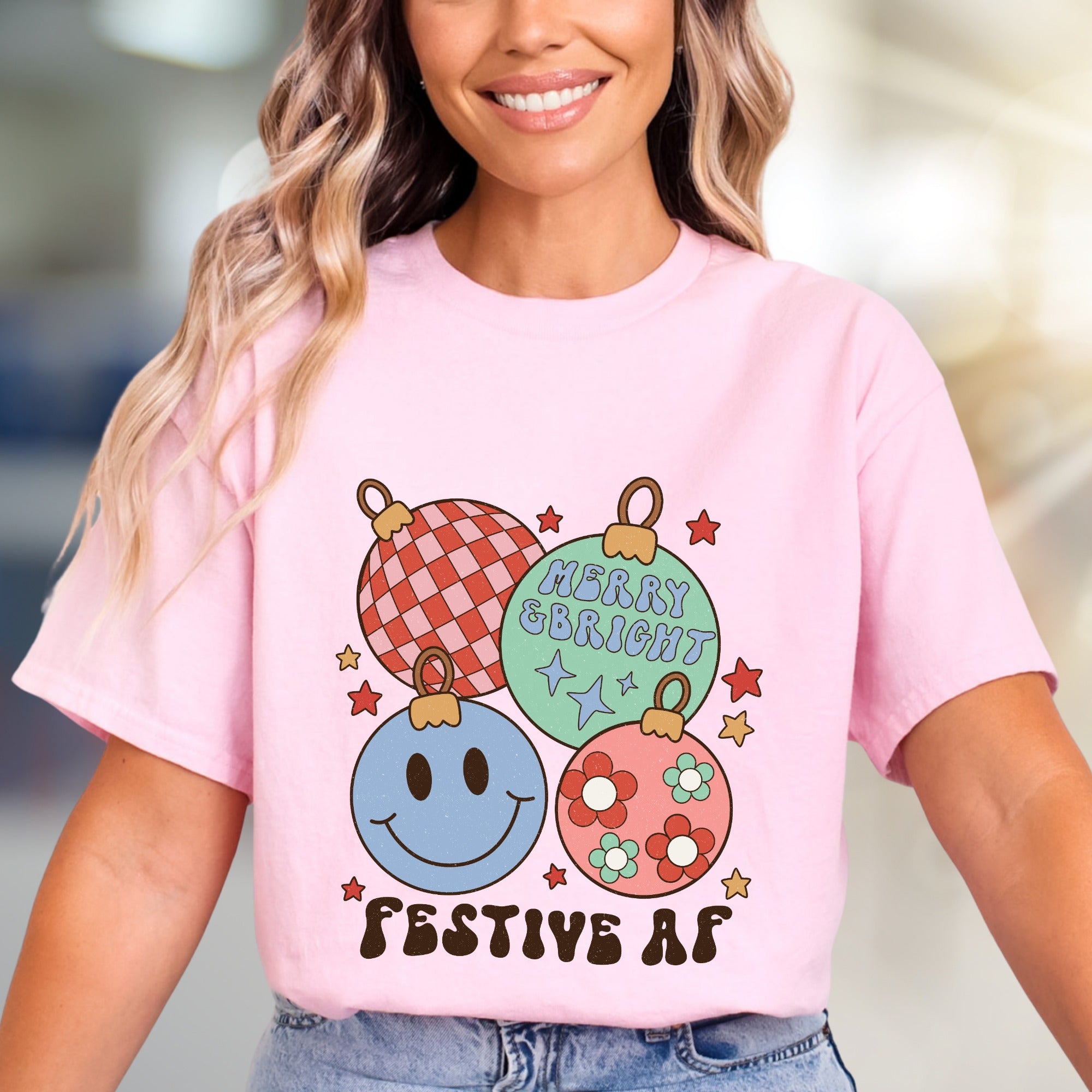 "Festive AF" Retro Holiday Ornaments Tee, a Groovy Christmas Pick for Everyone