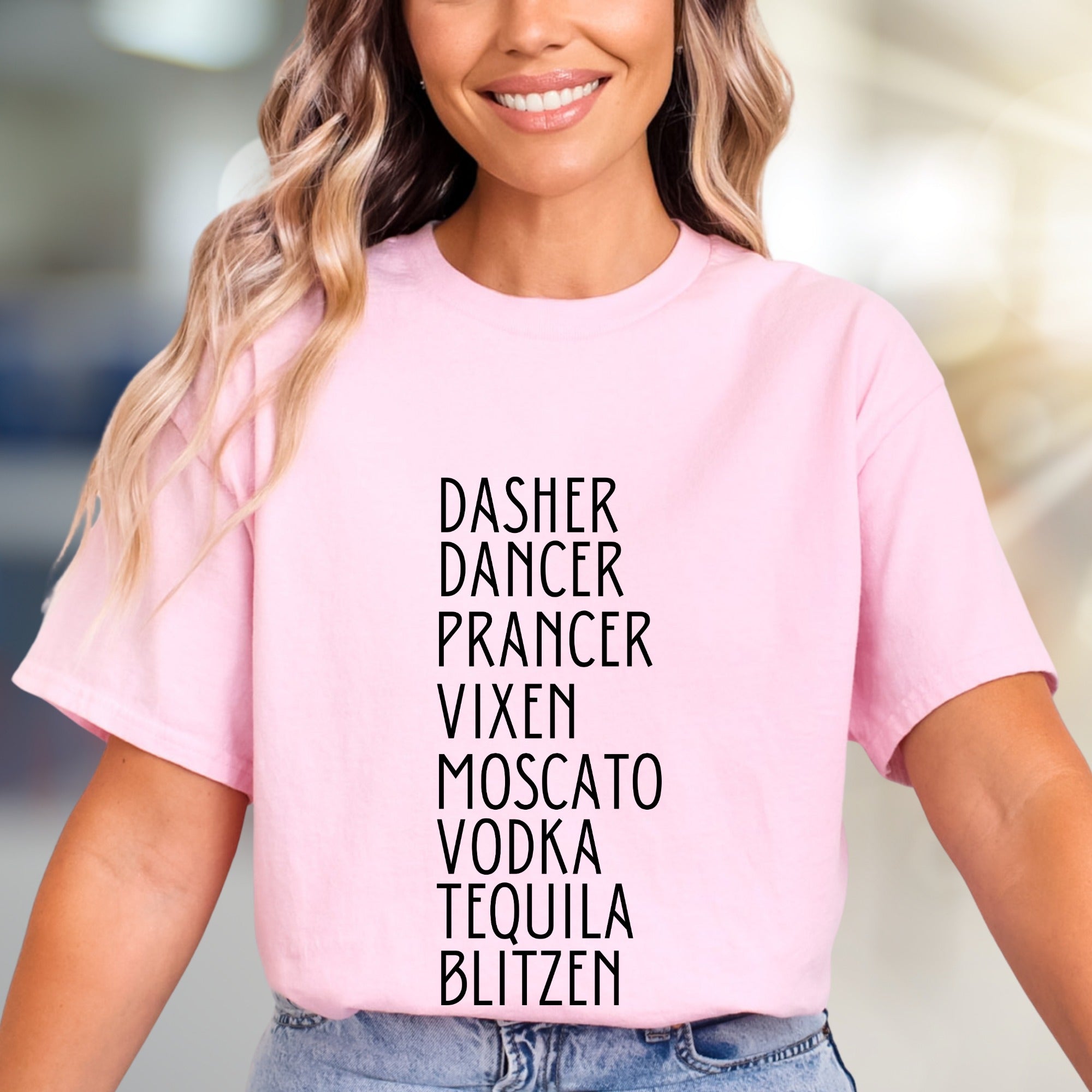 "Dasher, Dancer, Moscato & Blitzen" Christmas Party Graphic Tee, a Festive Naughty & Nice Pick for Holiday Enthusiasts