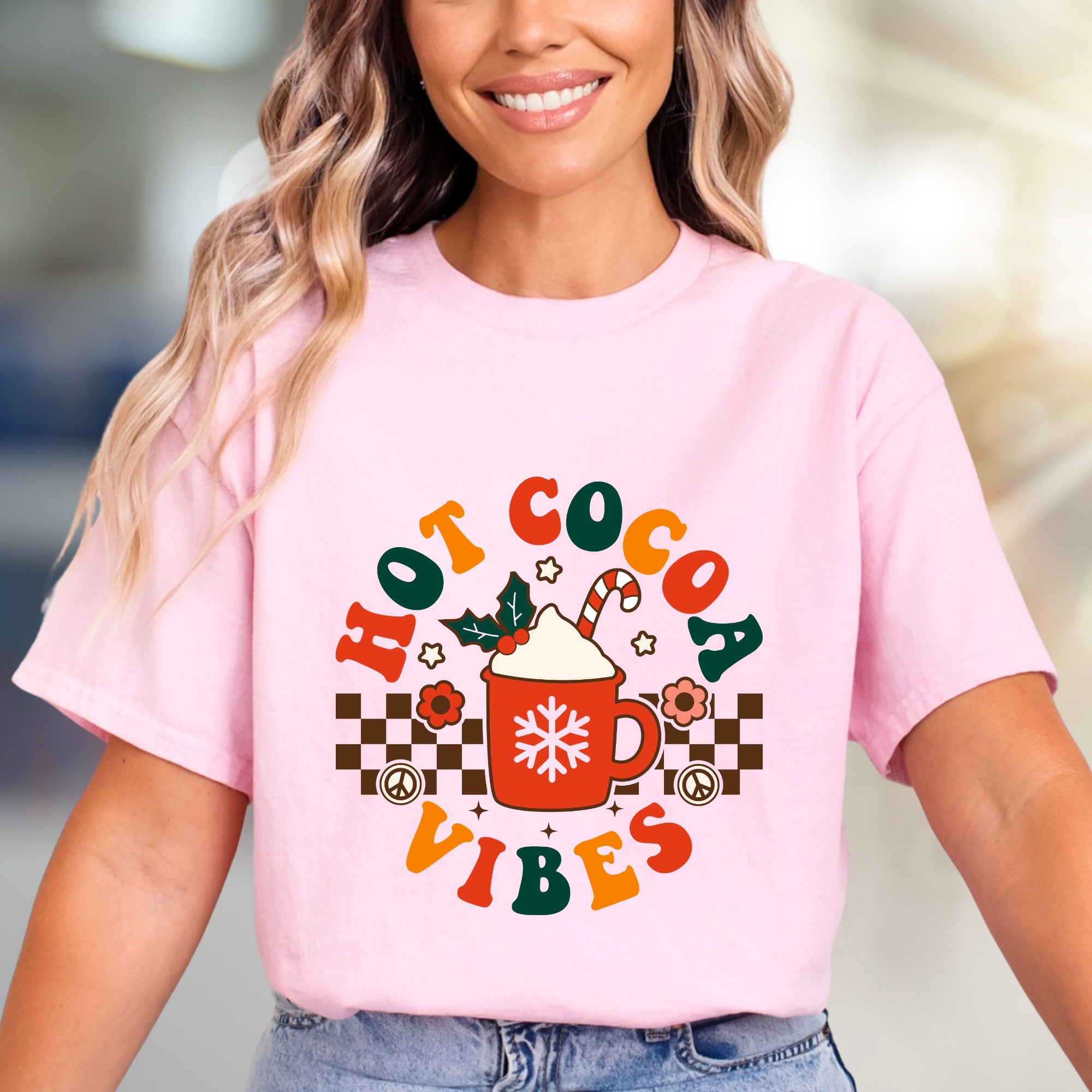 "Hot Cocoa Vibes" Retro Graphic Tee, a Whimsical Pick for Winter Lovers
