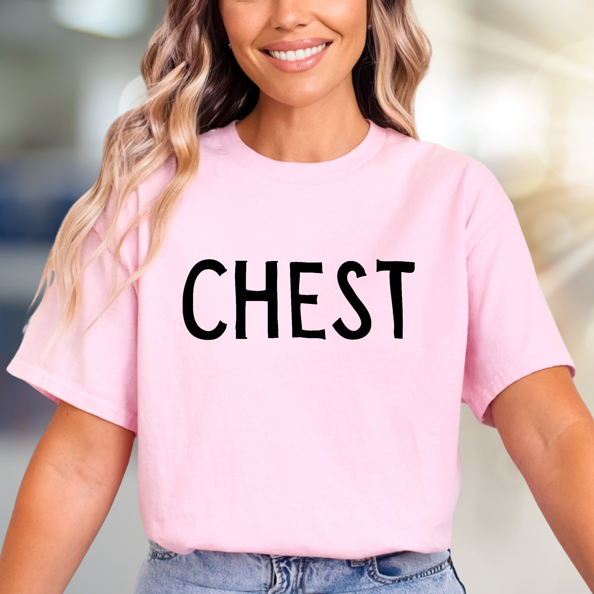“CHEST” Funny Sarcastic Graphic Tee, A Humorous Pick for Gym Enthusiasts