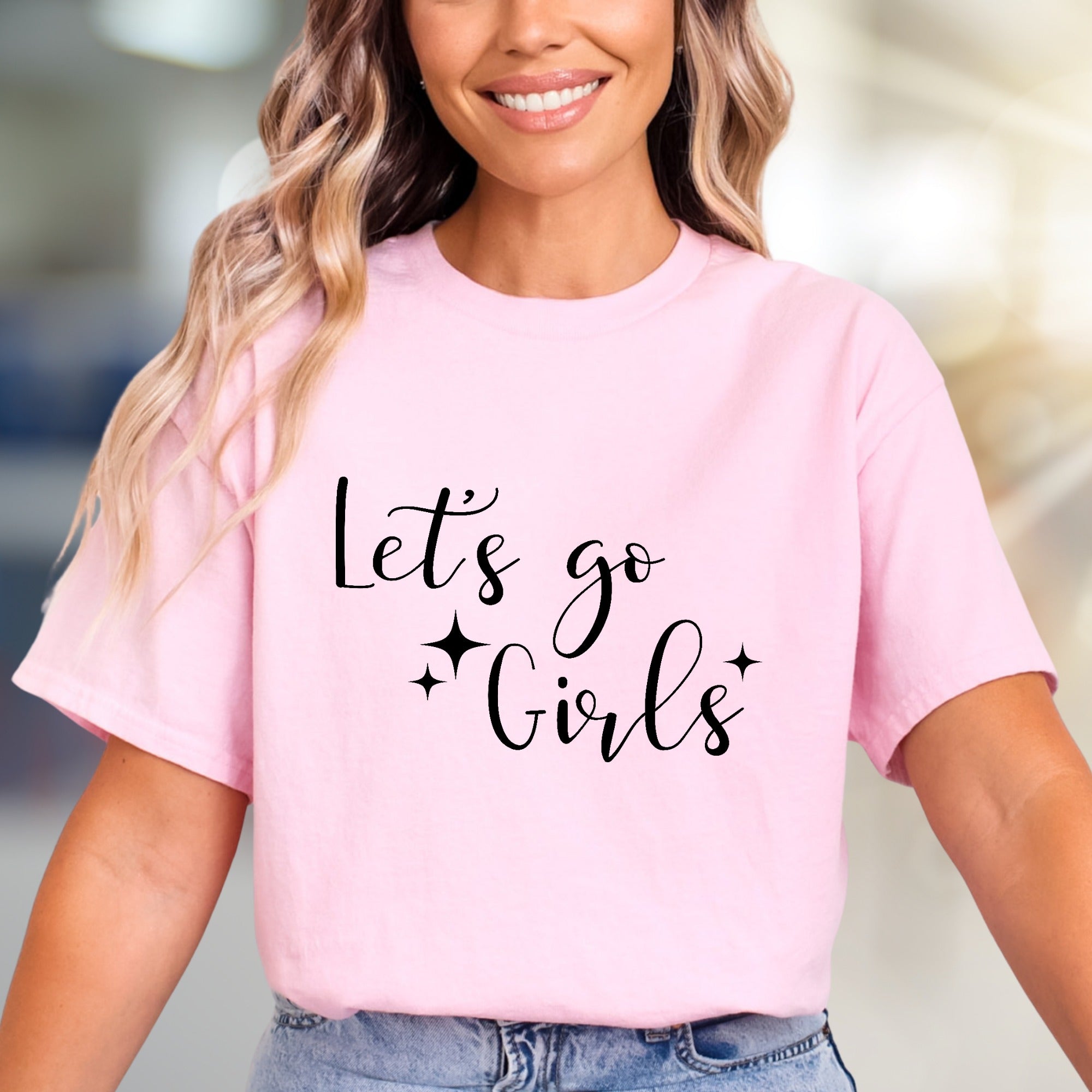 "Let's go Girls" Sparkle Script Graphic Tee, a Fun Western Pick for Friends