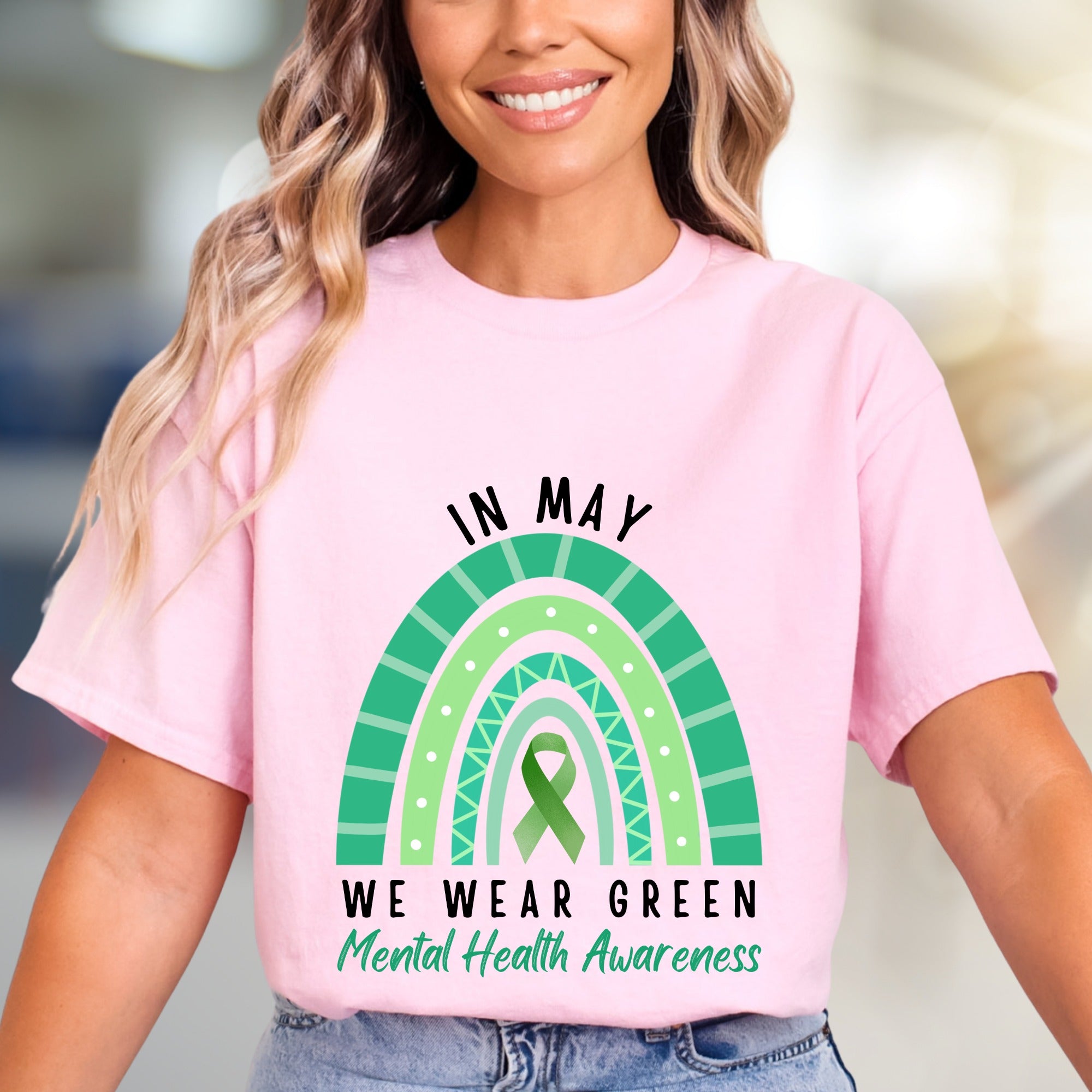 "IN MAY WE WEAR GREEN" Mental Health Awareness Rainbow Graphic Tee, a Supportive Expression for Advocates