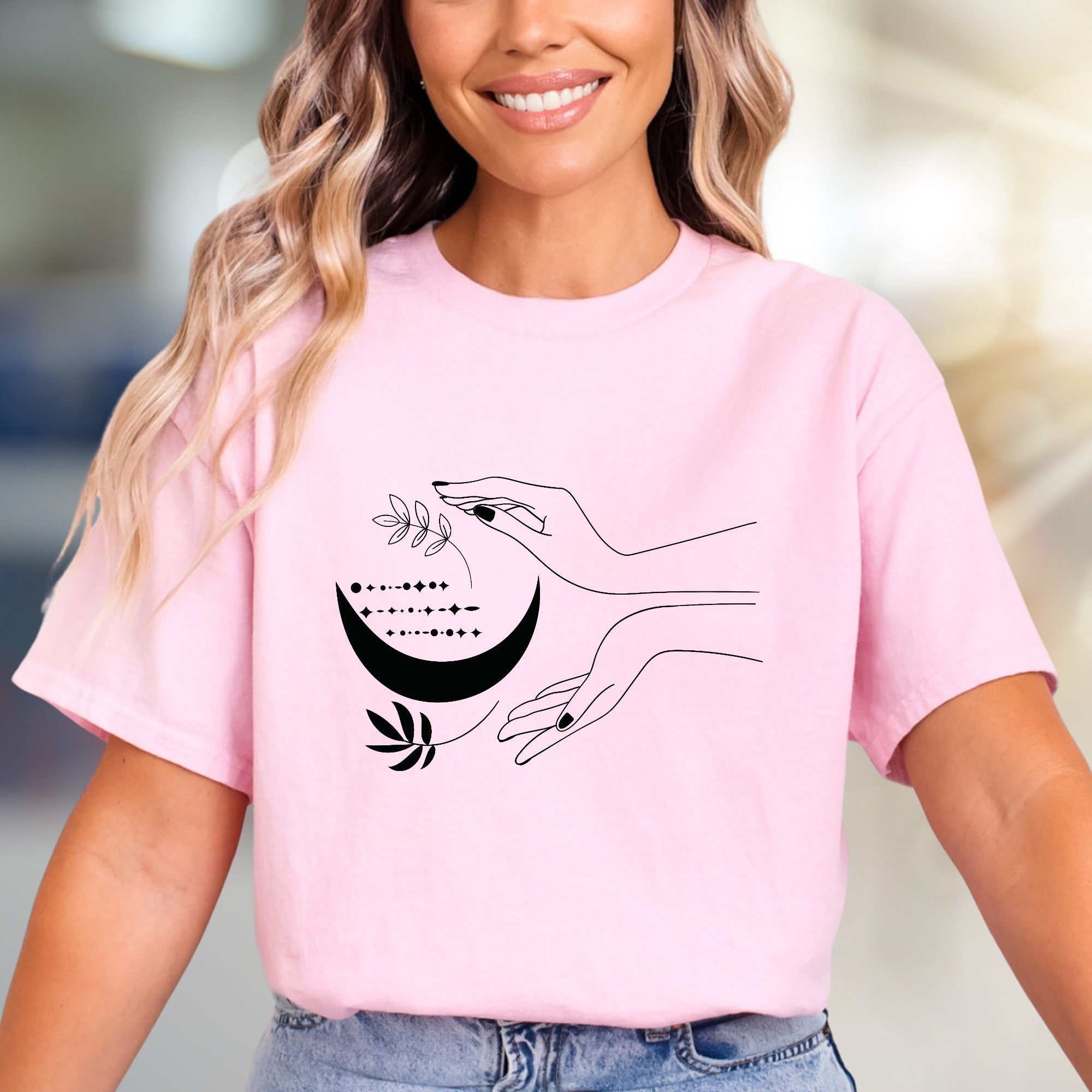Moonlit Hands & Botanicals Graphic Tee, a Mystical Apparel for Spiritual Souls